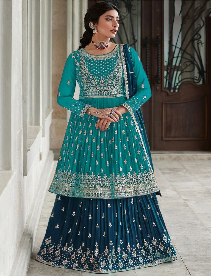 Beautiful Rama Anarkali Style Shalwar Kameez Lehenga Suit Embroidery Sequence Work Designer Salwar Kameez Dupatta Dress for Women's Wear