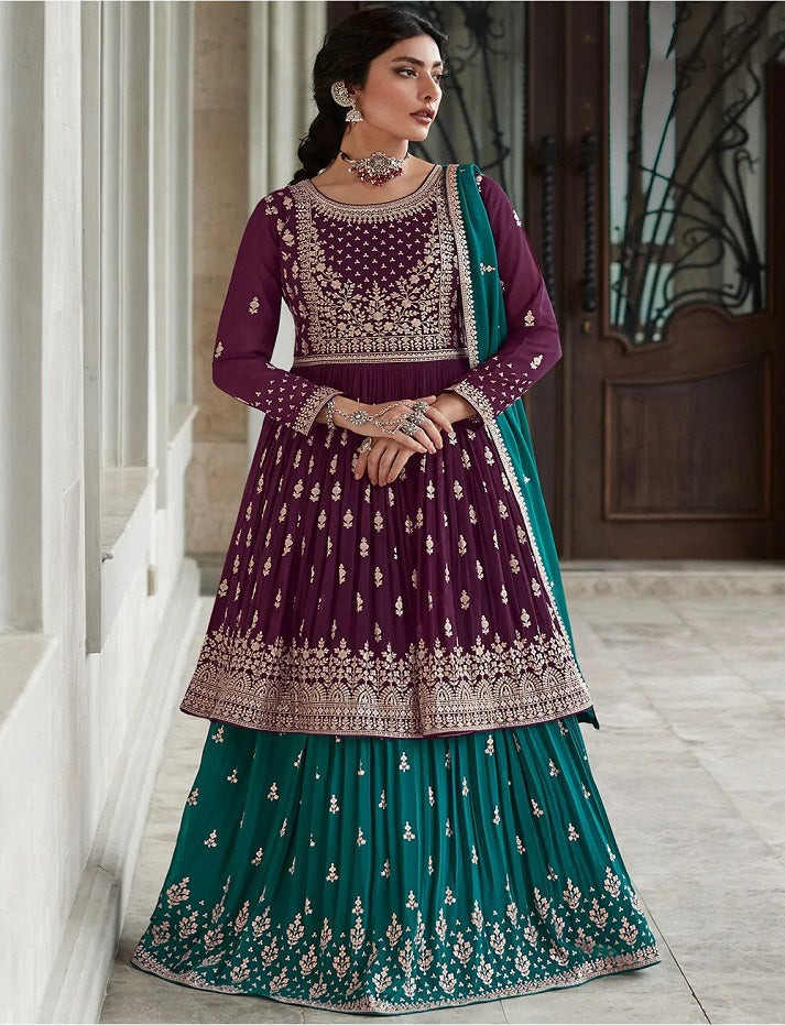 Beautiful Rama Anarkali Style Shalwar Kameez Lehenga Suit Embroidery Sequence Work Designer Salwar Kameez Dupatta Dress for Women's Wear