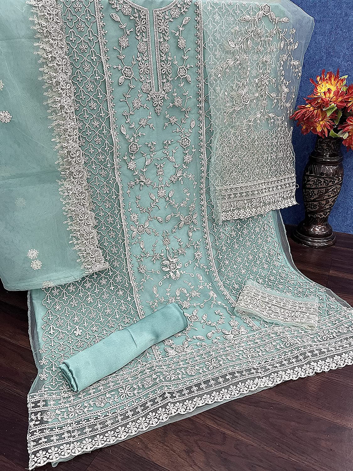 Beautiful Sky White Floral Print Kurta Palazzo & Dupatta Set, Women Straight Kurta Pant Set, Pakistani 3 Piece Shalwar Kameez Readymade Set