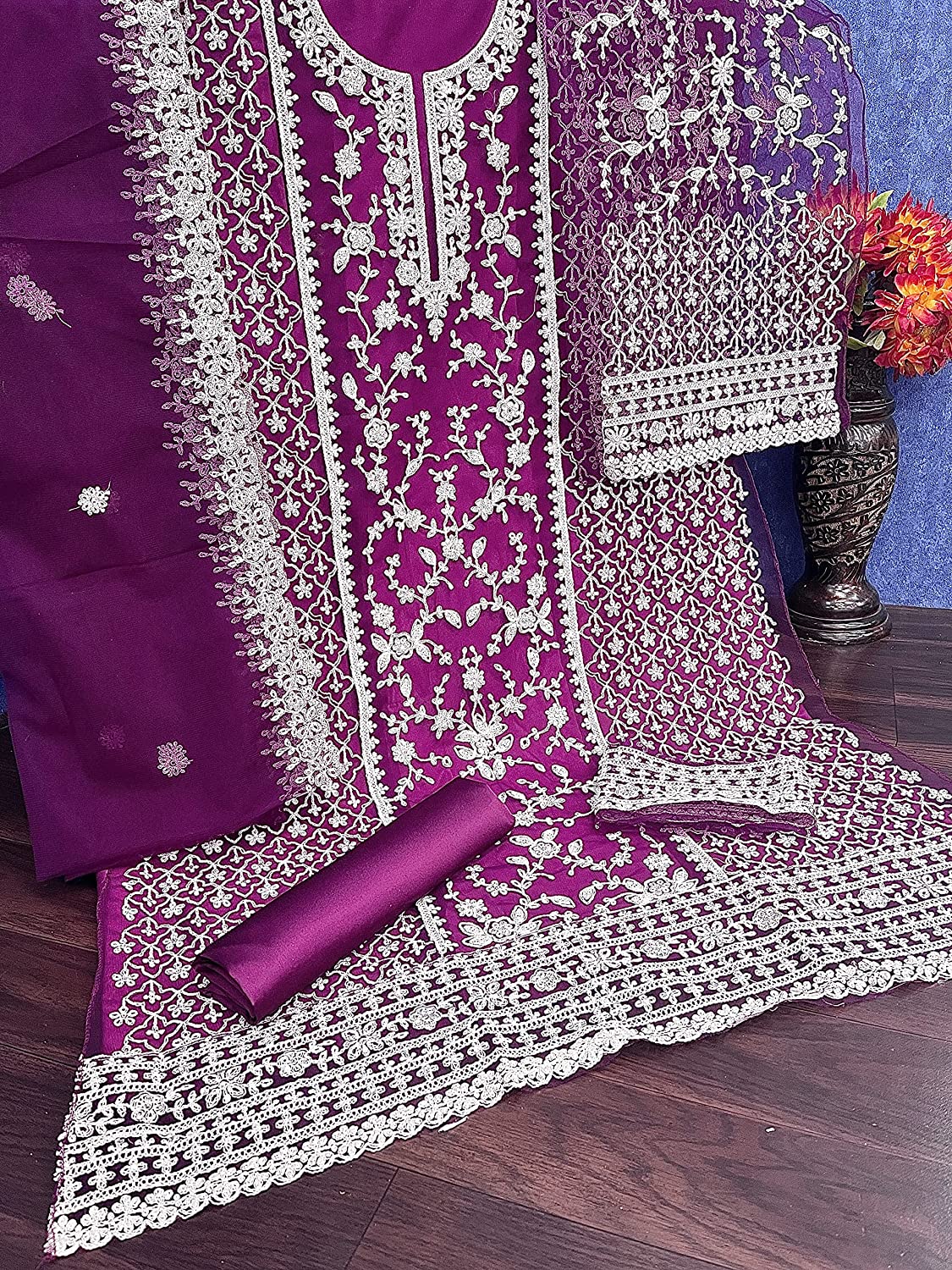 Beautiful Pink White Floral Print Kurta Palazzo & Dupatta Set, Women Straight Kurta Pant Set, Pakistani 3 Piece Shalwar Kameez Readymade Set