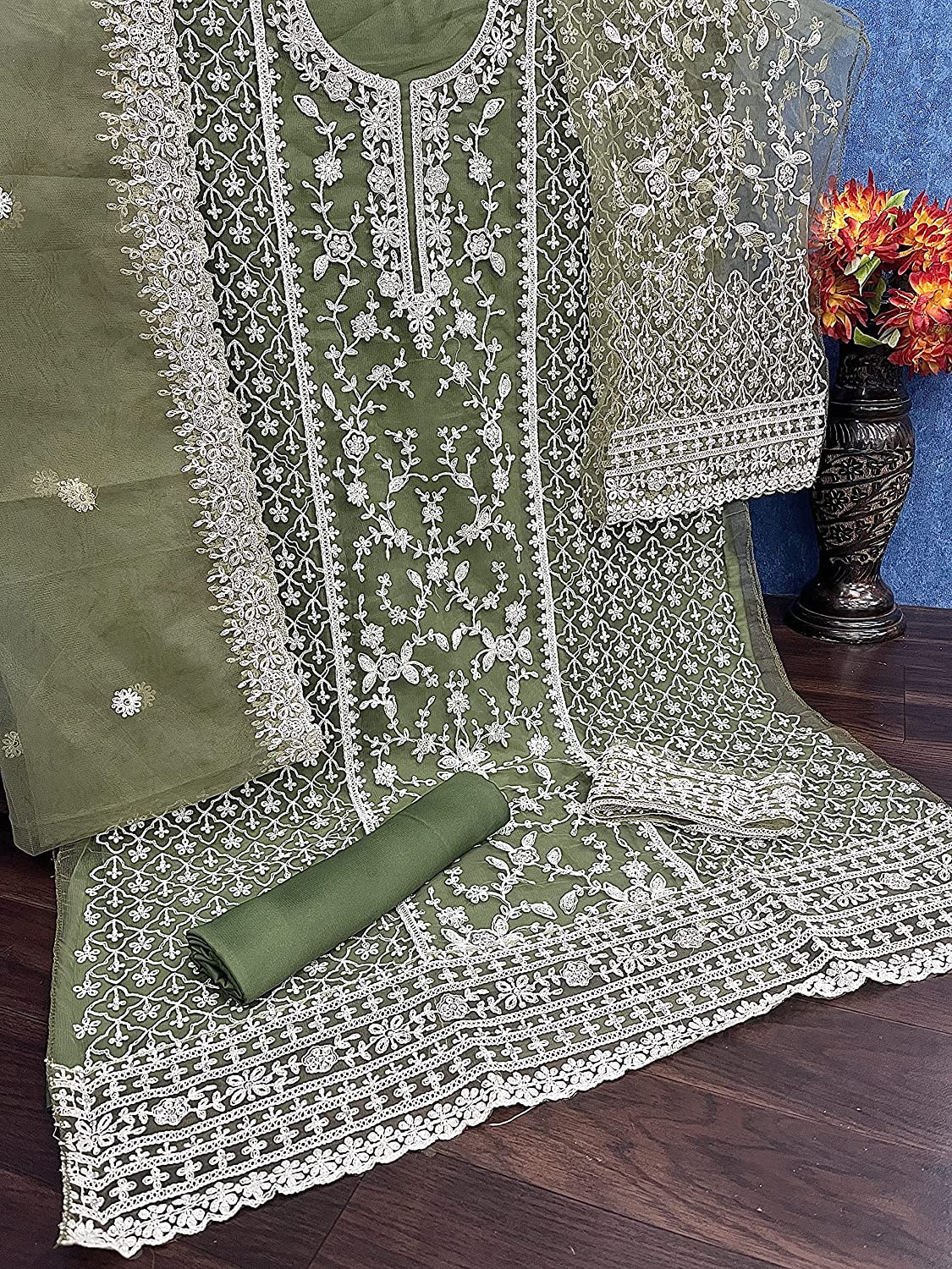Beautiful Rama White Floral Print Kurta Palazzo & Dupatta Set, Women Straight Kurta Pant Set, Pakistani 3 Piece Shalwar Kameez Readymade Set