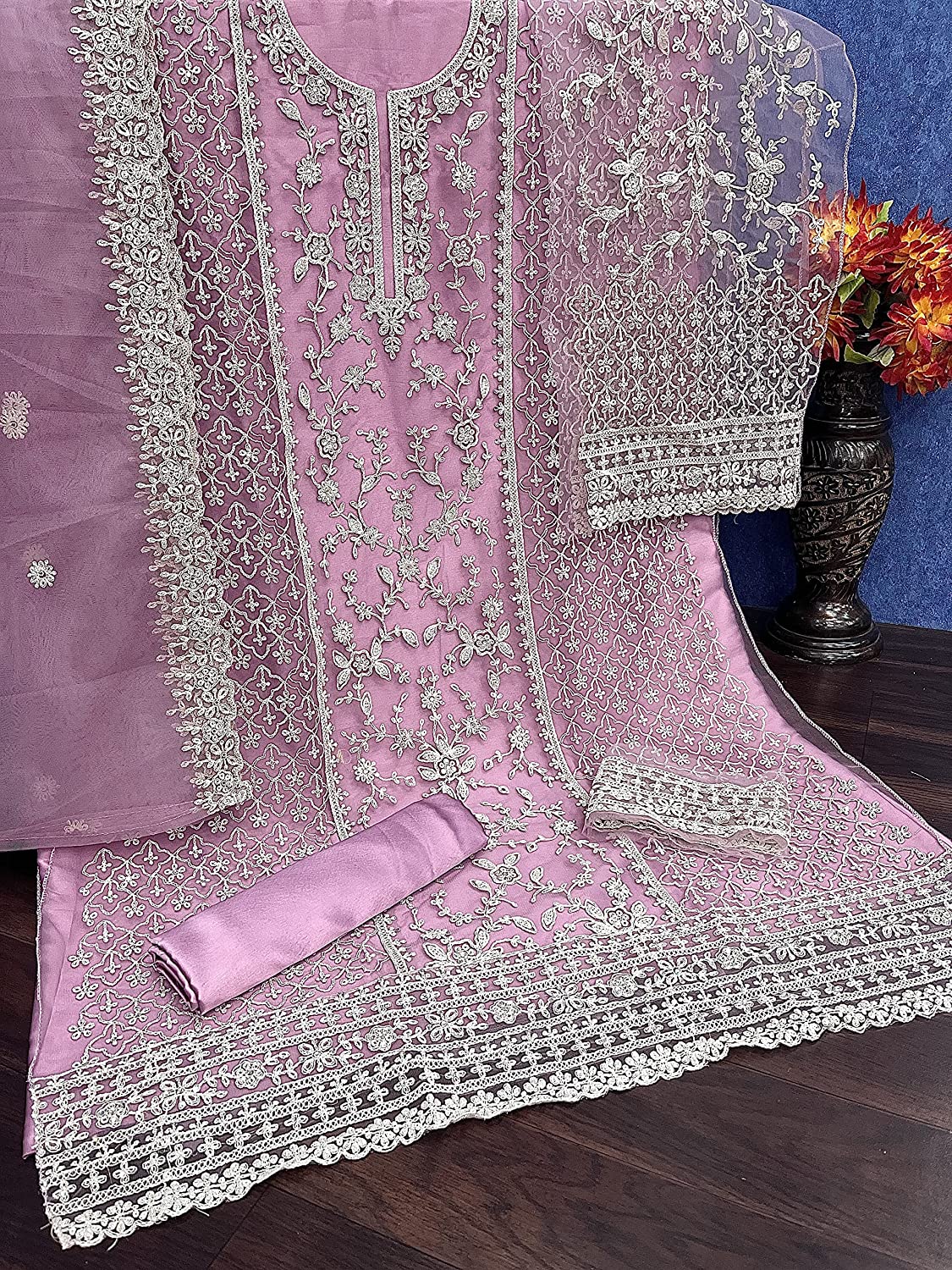 Beautiful Pink White Floral Print Kurta Palazzo & Dupatta Set, Women Straight Kurta Pant Set, Pakistani 3 Piece Shalwar Kameez Readymade Set