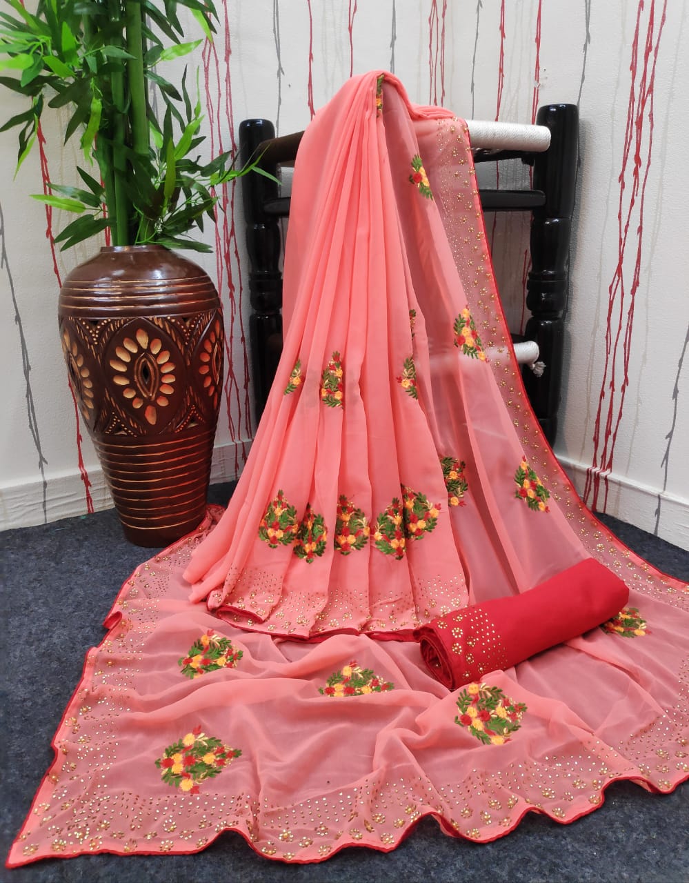 Gajari Georgette Embroidery Work With Banglory Silk Blouse Beutiful Simple look Saree for Womens
