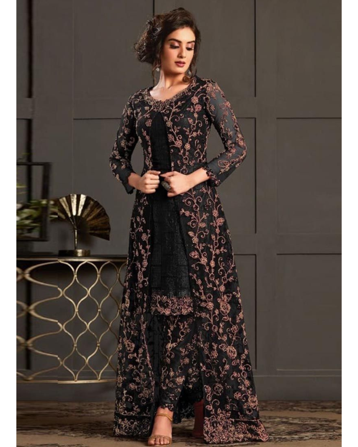 Black Designer Salwar Kameez Pant Suits Indian Pakistani Wear Shalwar Trouser Pant with Long Shrug Dress