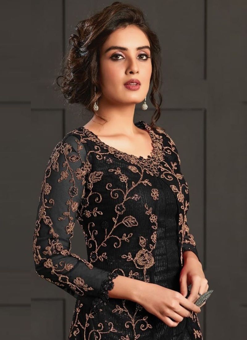 Black Designer Salwar Kameez Pant Suits Indian Pakistani Wear Shalwar Trouser Pant with Long Shrug Dress
