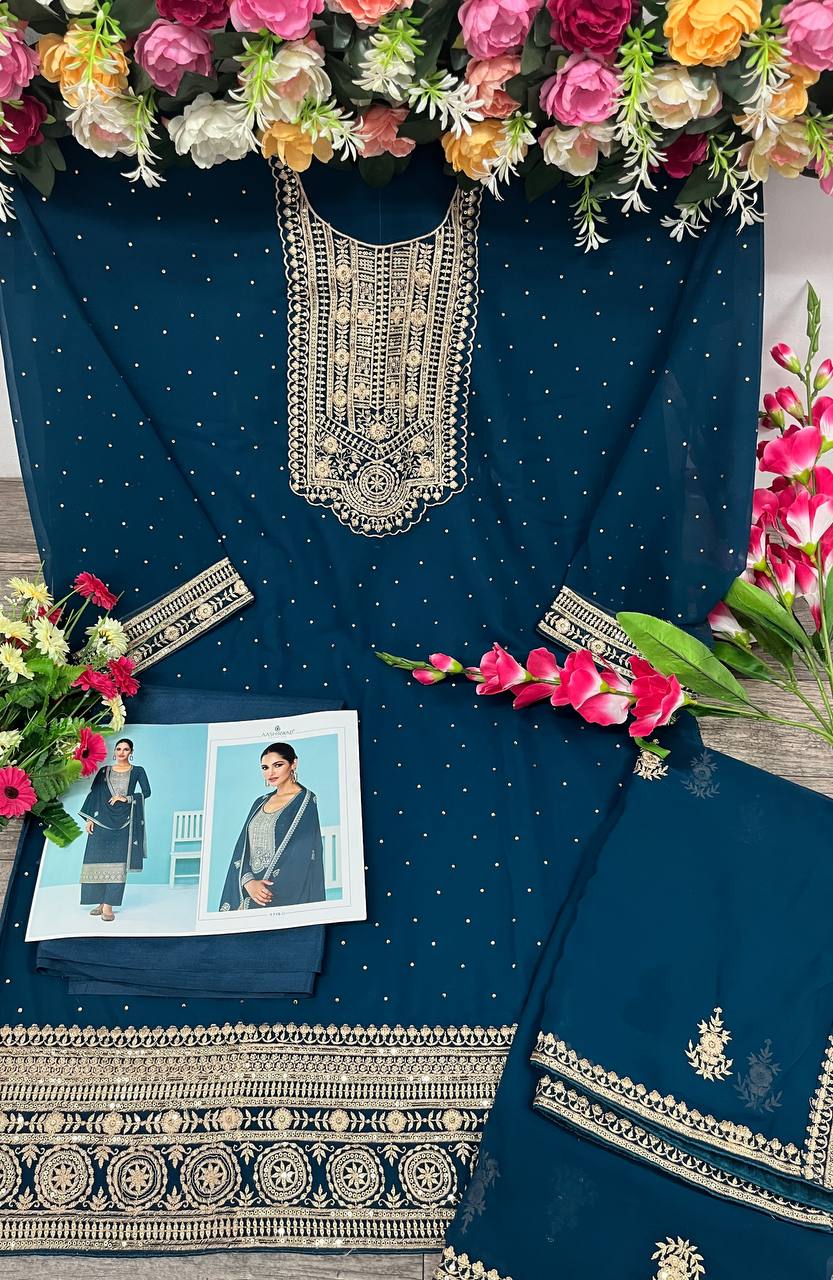 Heavy Blue Fux Georgette With Sequence Embroidery Work And Stone Work Semi Stitched Material Dress