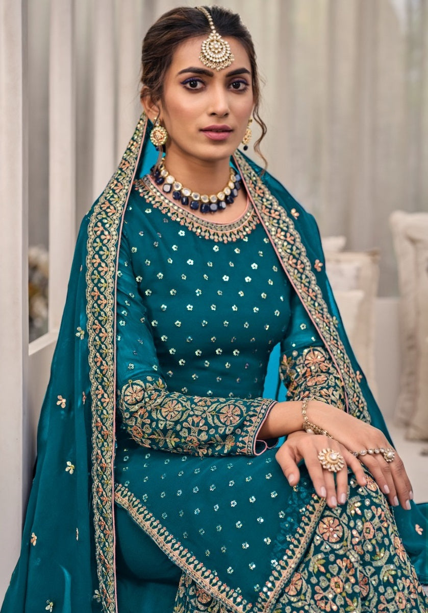 Traditional Wear Embroidery Work Palazzo Suit Georgette Pakistani Salwar Suit For Womens
