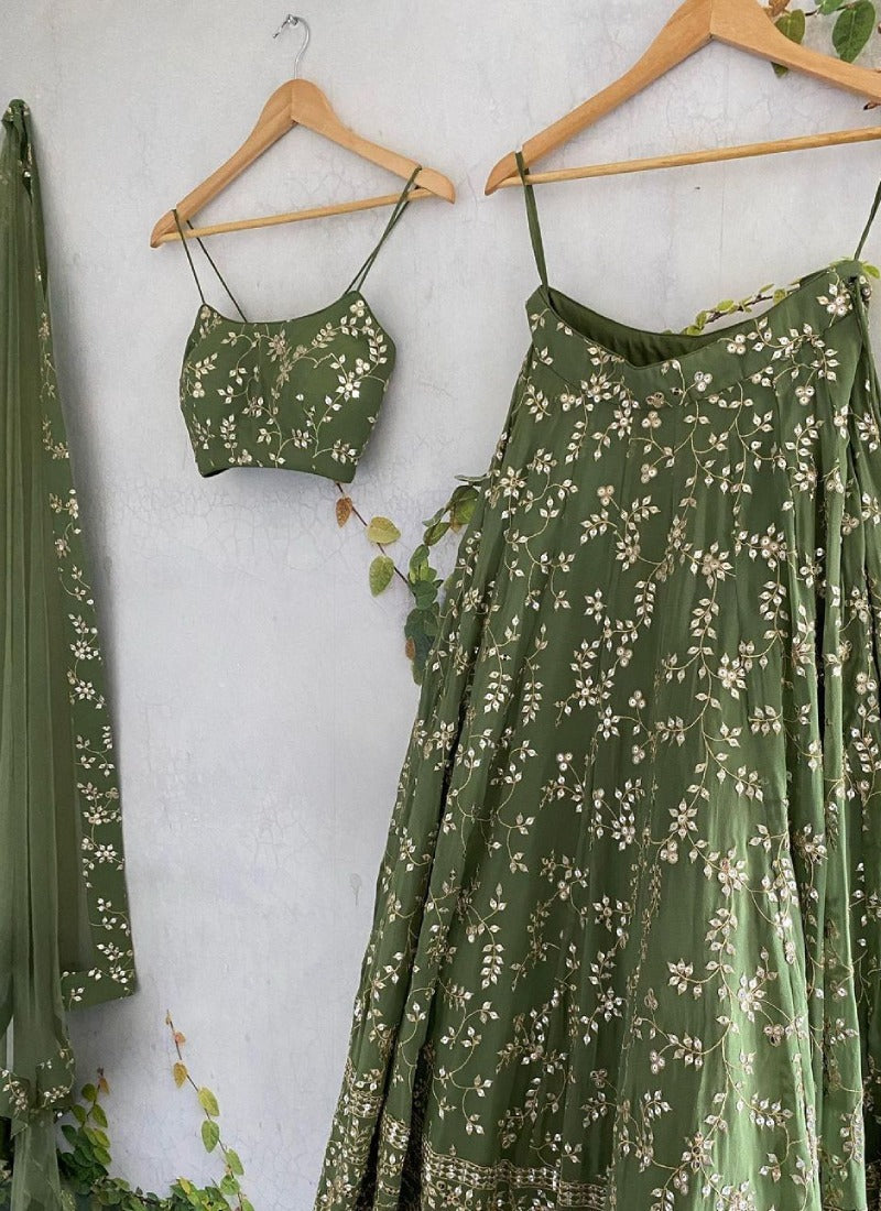 MEHENDI EMBROIDERED SEMI STITCHED ZARI WORK AND THREAD WORK WEDDING WEAR LEHENGA CHOLI