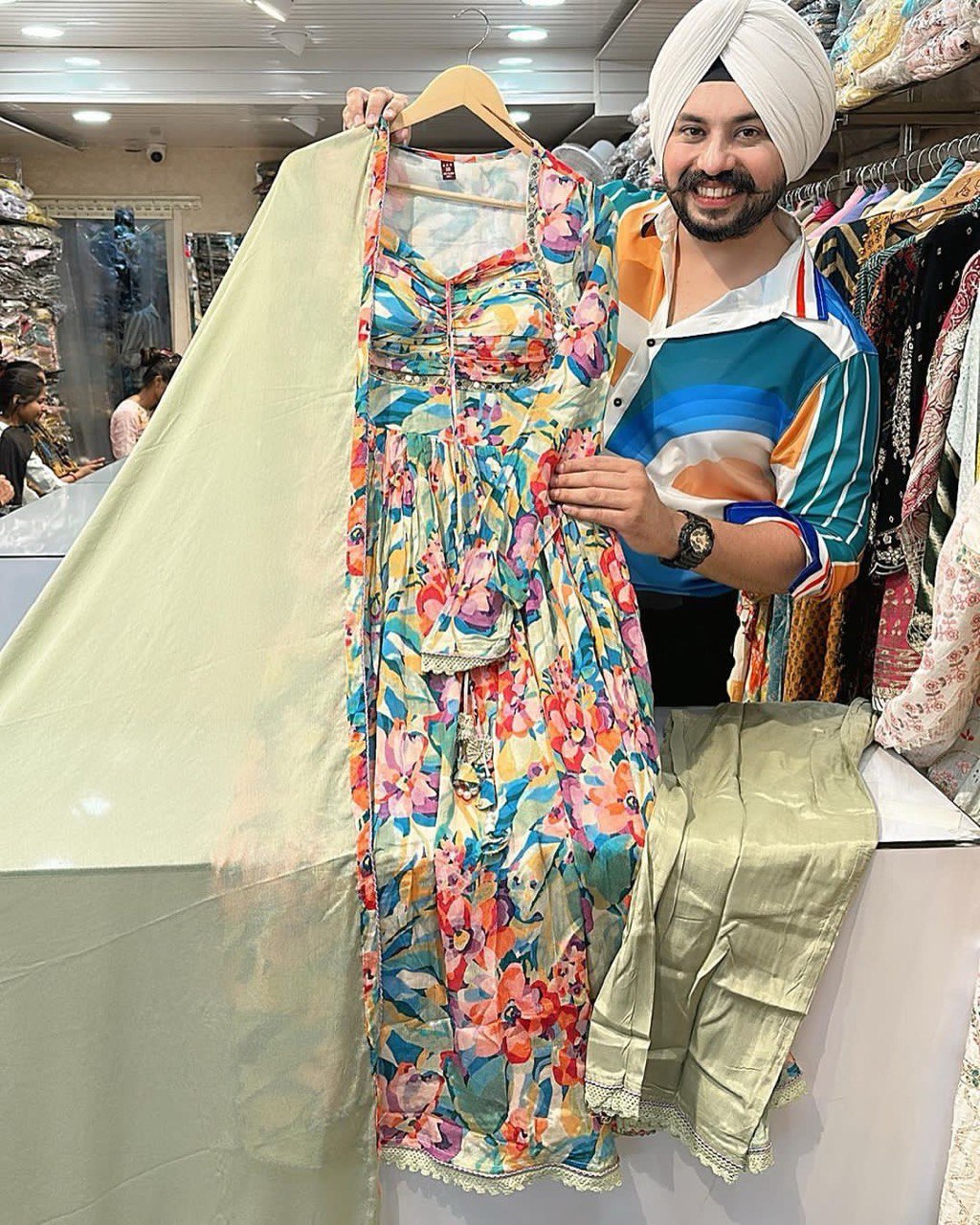 Beautiful Gorgette Maltiprint and petterned Anarkali Suit pant with Nazneen Dupatta, Party Wear Suit Set