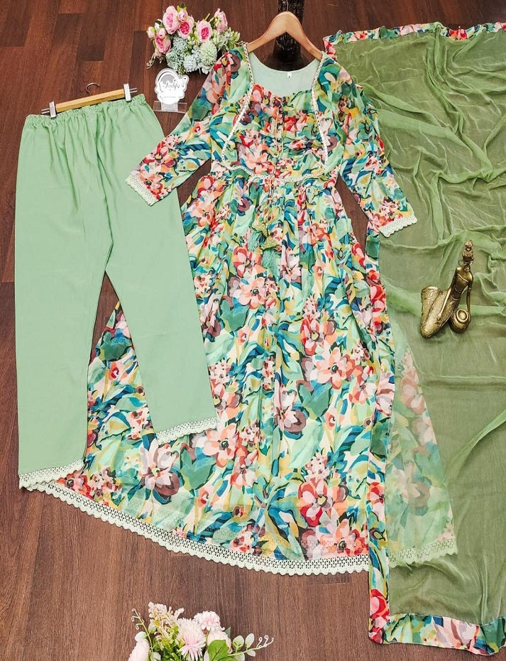 Beautiful Gorgette Maltiprint and petterned Anarkali Suit pant with Nazneen Dupatta, Party Wear Suit Set