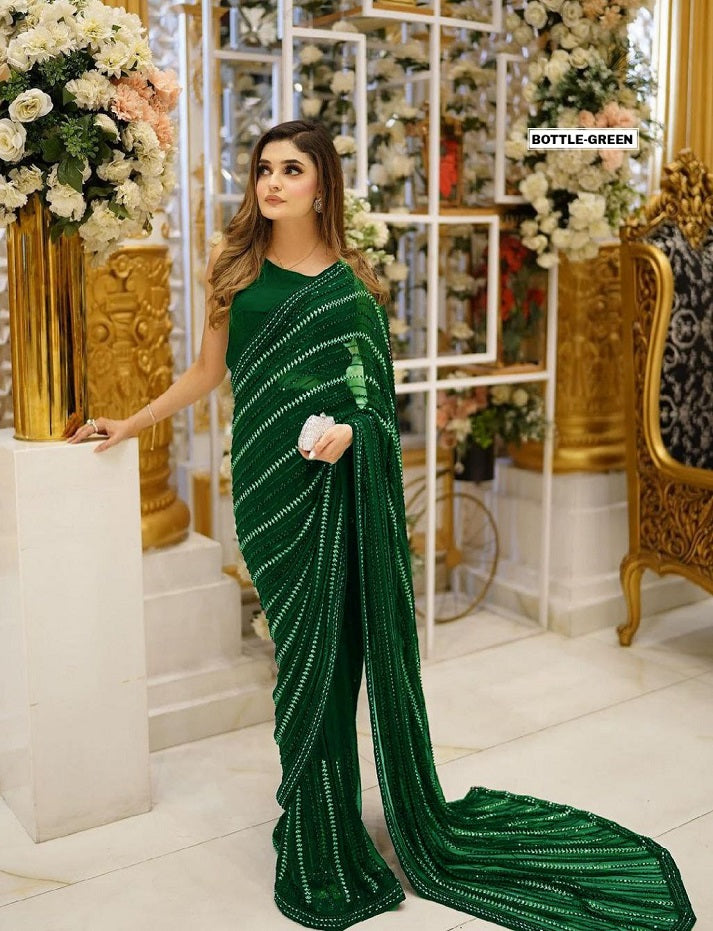 Indian Designer Sarees for Women Bollywood Stylish Georgette Fabric Thread Sequence Work Party Wear Saree