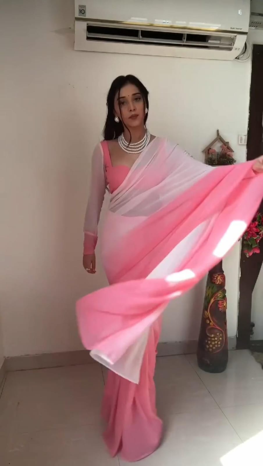 PINK&WHITE DESIGNER GEORGETTE DIGITAL PRINTED READY TO WEAR SAREE WITH UNSTICTHED BLOUSE