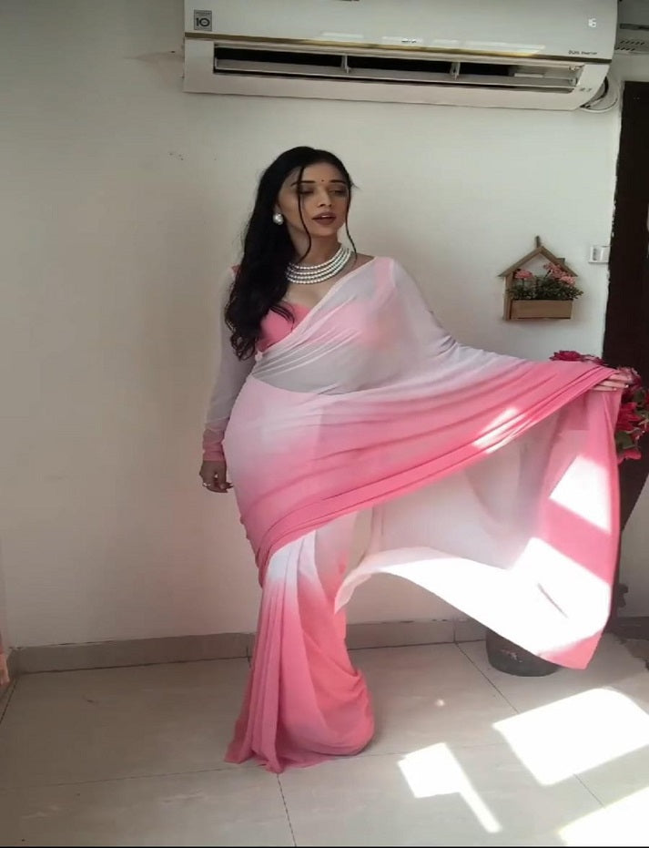 PINK&WHITE DESIGNER GEORGETTE DIGITAL PRINTED READY TO WEAR SAREE WITH UNSTICTHED BLOUSE