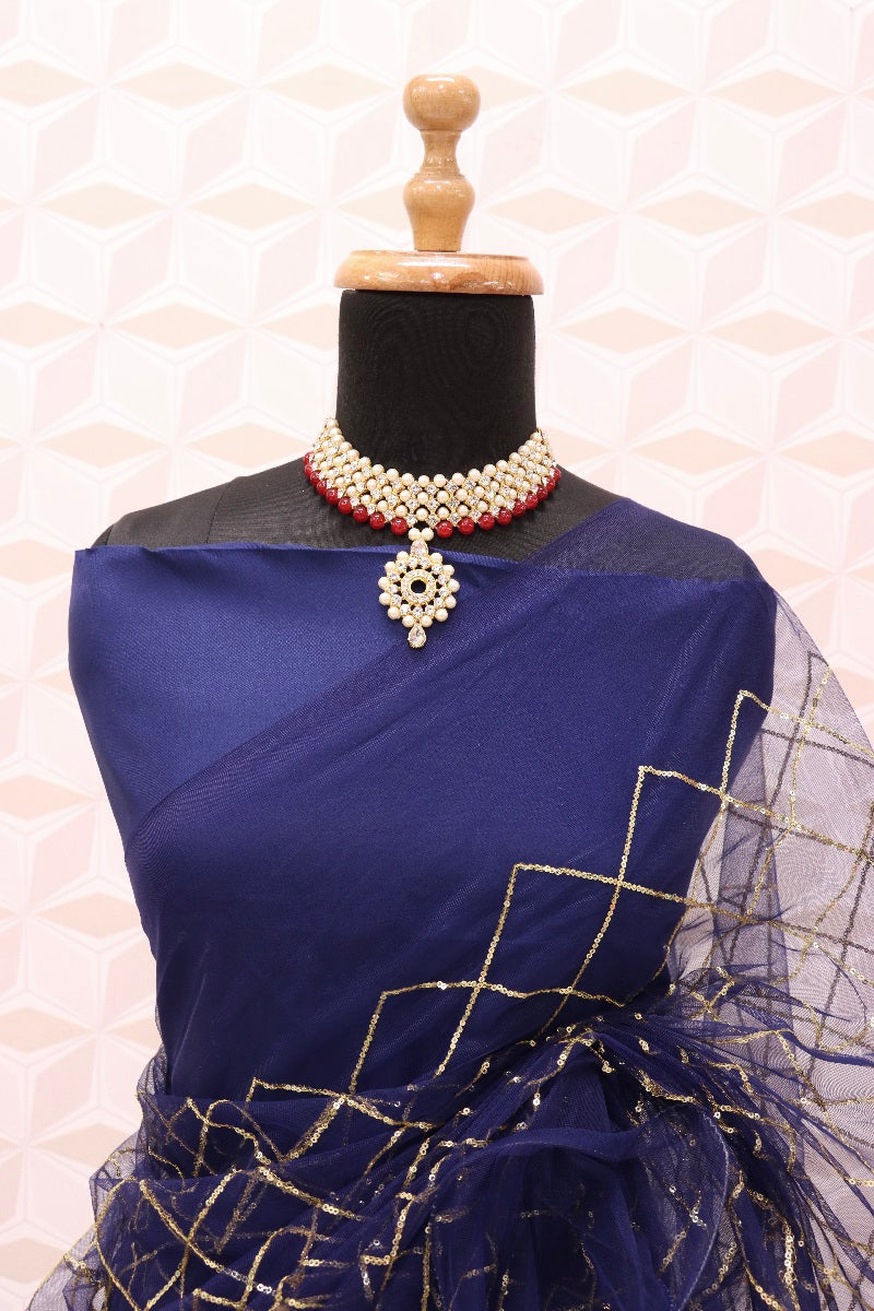 BLUE COLOR NET FABRIC SEQUENCE WORK RUFFLE DESIGN SARI WITH UNSTITCH BENGLORI SILK BLOUSE