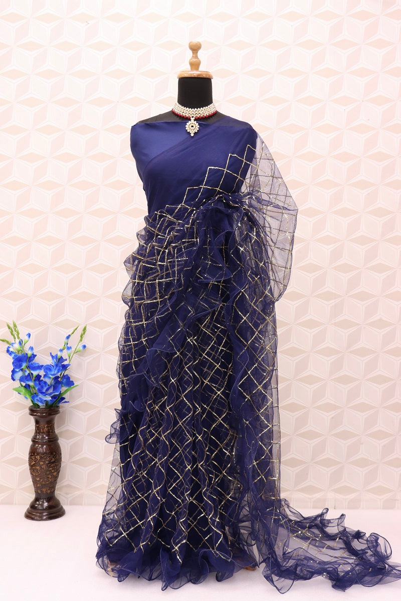 BLUE COLOR NET FABRIC SEQUENCE WORK RUFFLE DESIGN SARI WITH UNSTITCH BENGLORI SILK BLOUSE