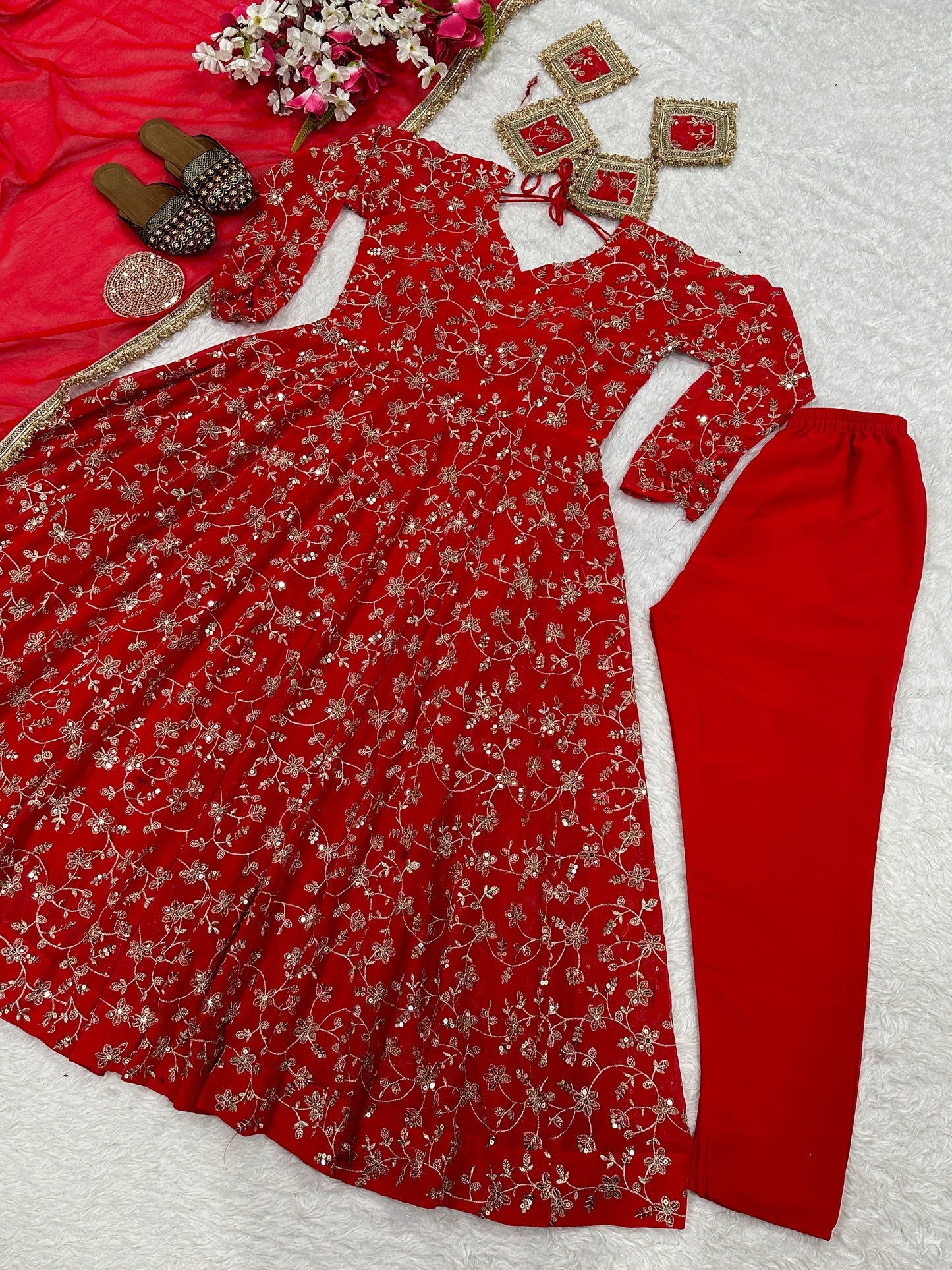 Women's Anarkali Suit Set - Heavy Blooming Georgette with Embroidery & Sequins, Full Sleeve, 4m Flair with Canvas Patta, Micro Cotton Inner, Matching Pant & Dupatta