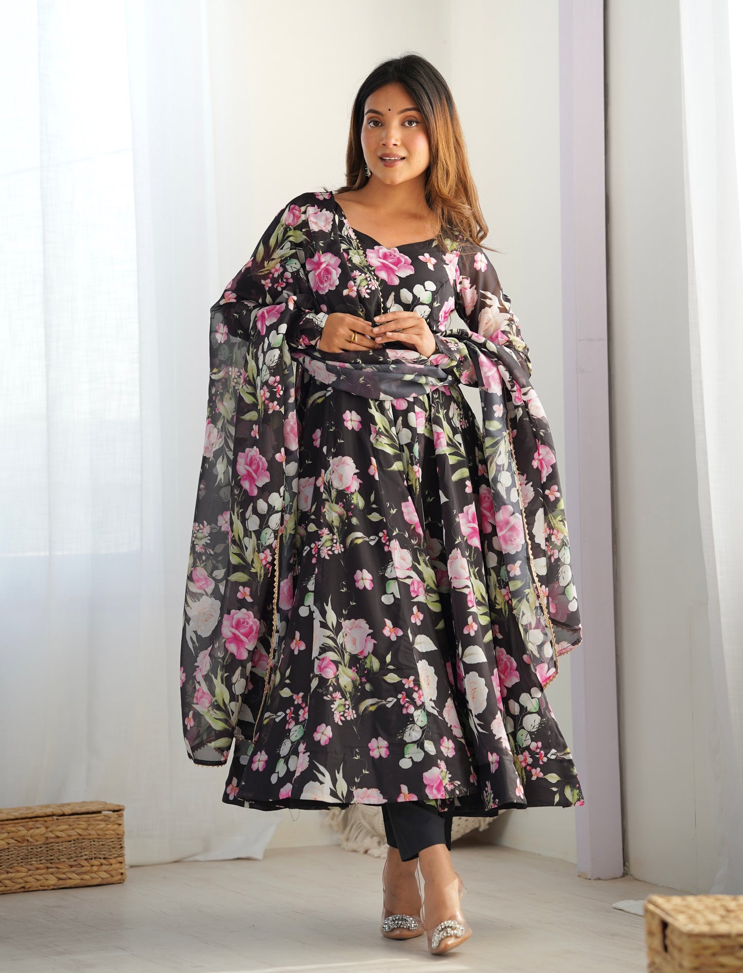 PURE SOFT ORGANZA SILK FABRIC FULLY FLAIR KALI PATTERN AND CANVAS PATTA WITH DUPPTA SET, PANT READY TO WEAR