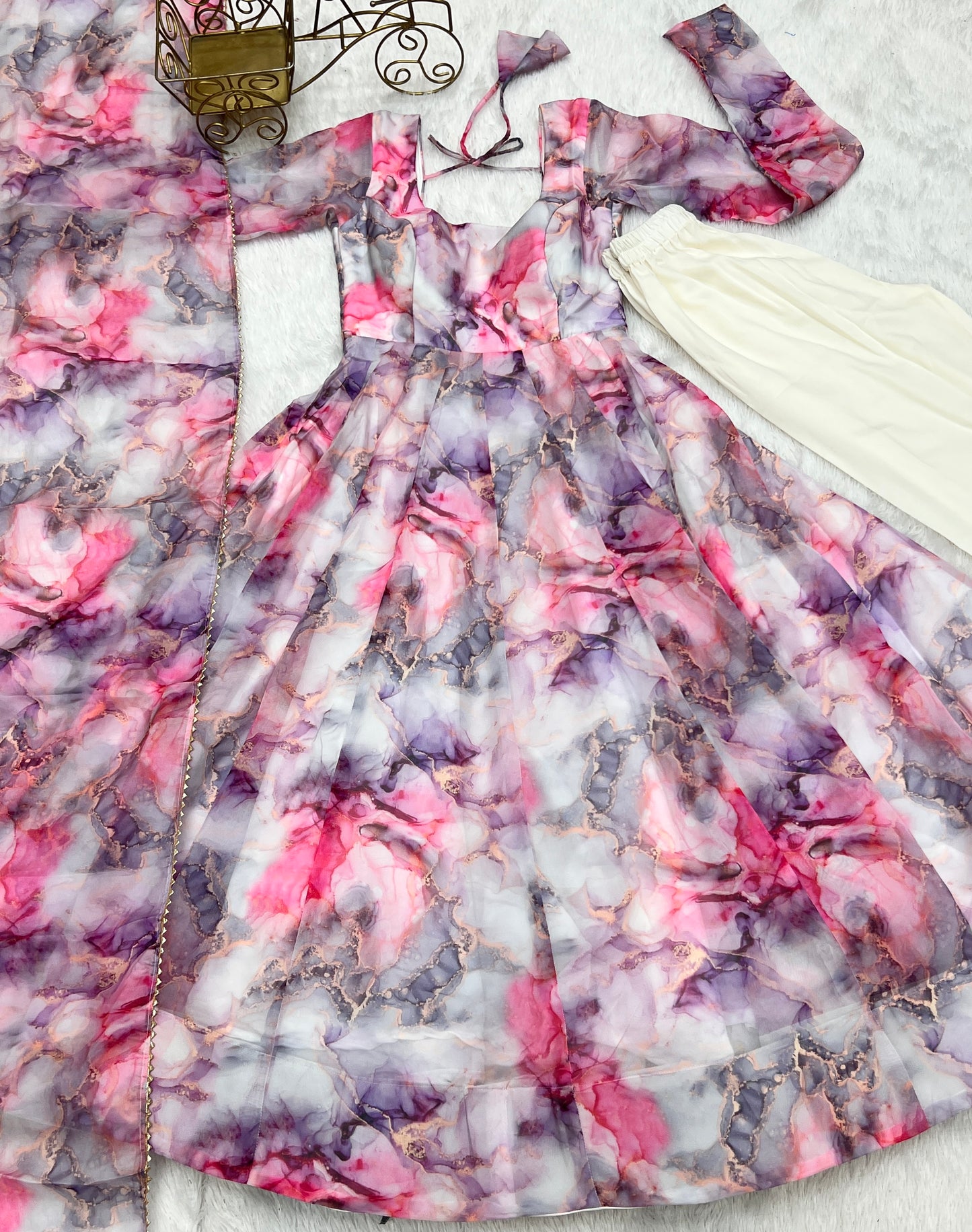 PINK HEAVY SOFT ORGANZA FULLY FAILR KALI PATTERN DESIGNER LONG KURTI SET