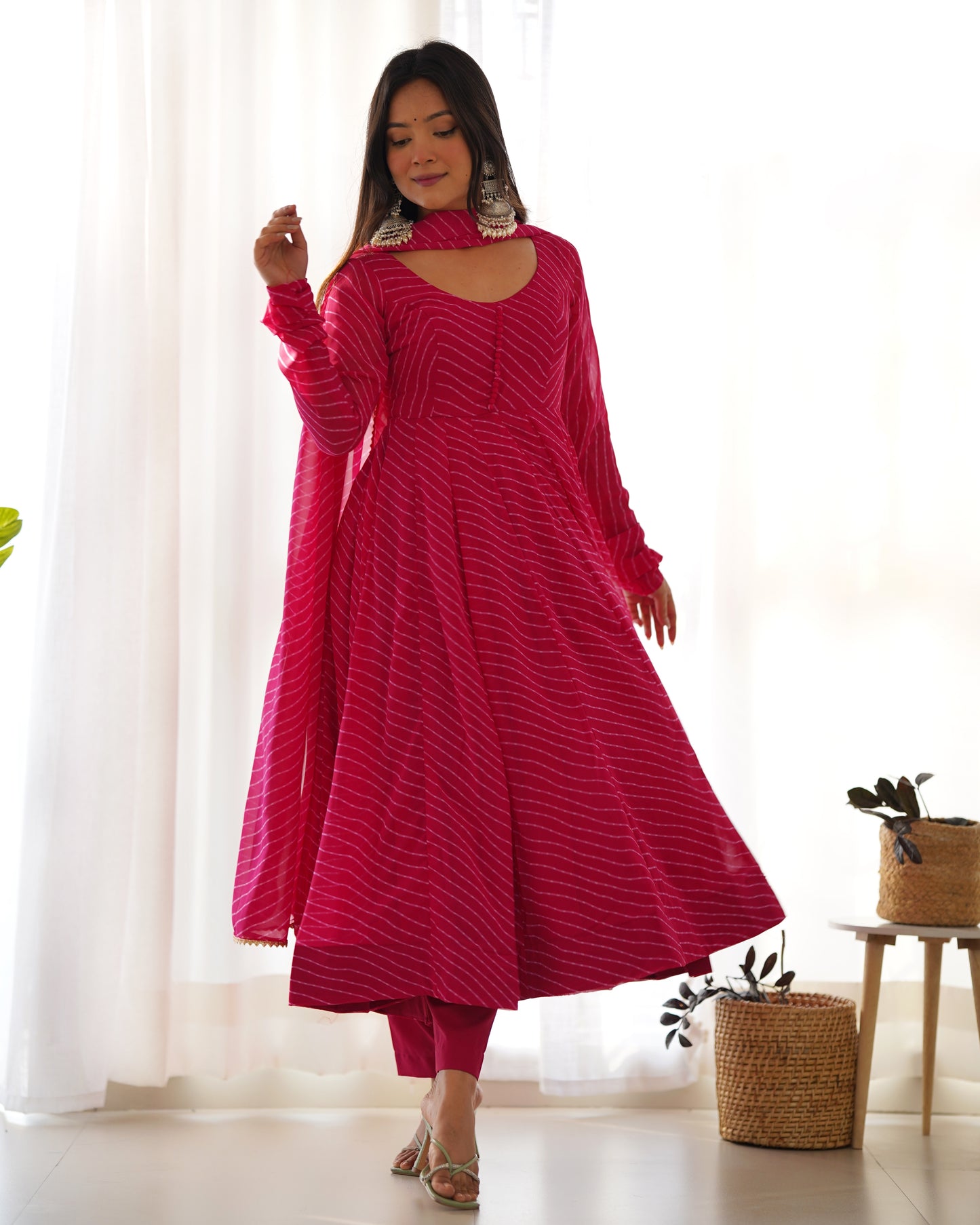 PURE FOX GEORGETTE LAHERIYA PRINT FABRIC FULLY FLAIR ANARKALI, WITH DUPATTA SET, PANT READY TO WEAR