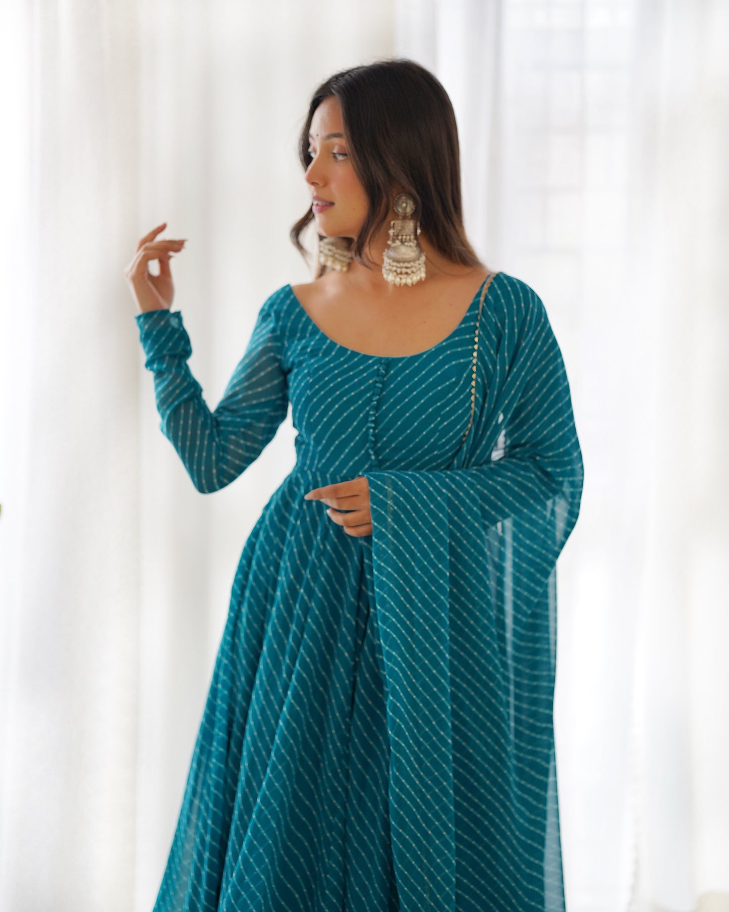 PURE FOX GEORGETTE LAHERIYA PRINT FABRIC FULLY FLAIR ANARKALI, WITH DUPATTA SET, PANT READY TO WEAR
