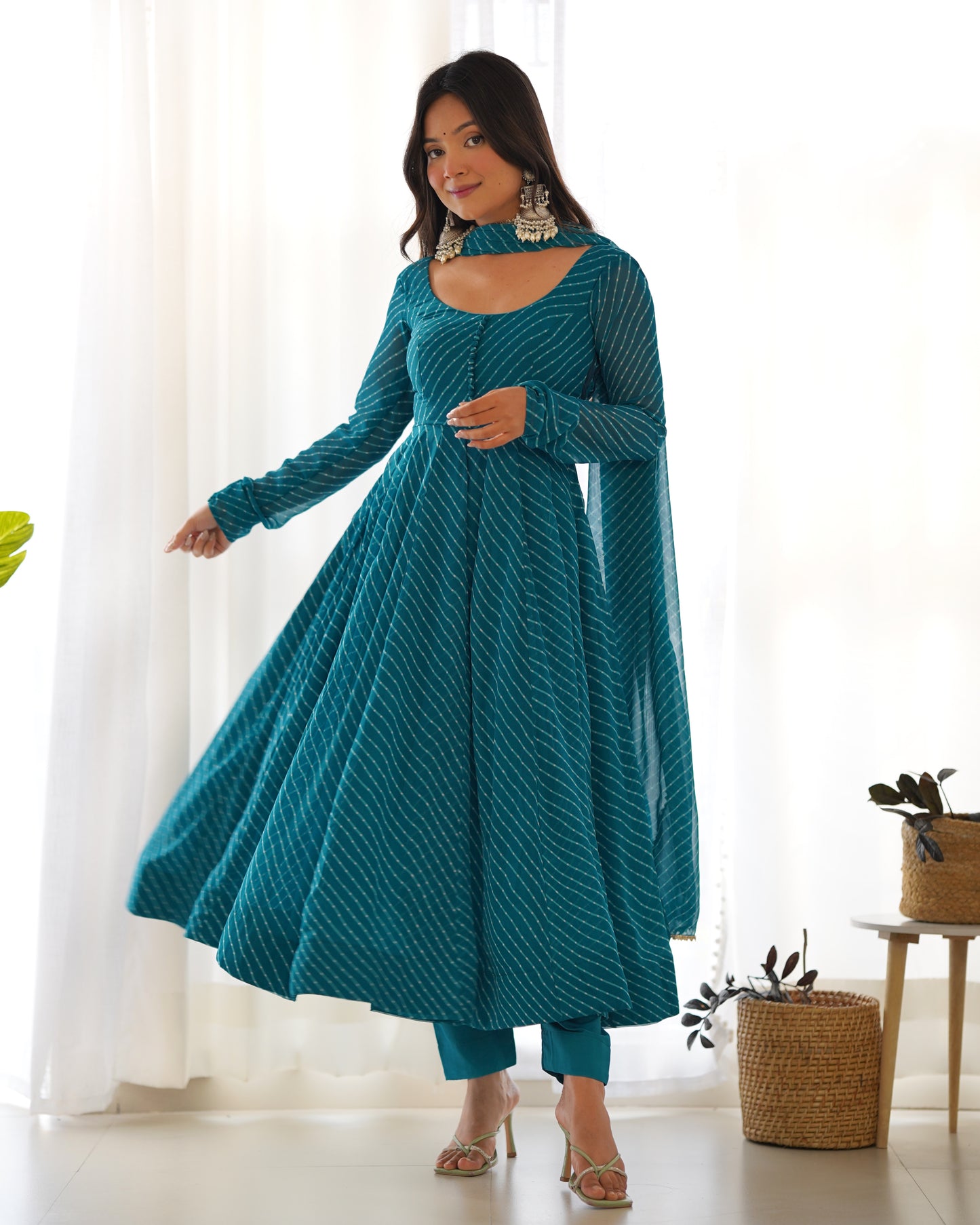 PURE FOX GEORGETTE LAHERIYA PRINT FABRIC FULLY FLAIR ANARKALI, WITH DUPATTA SET, PANT READY TO WEAR