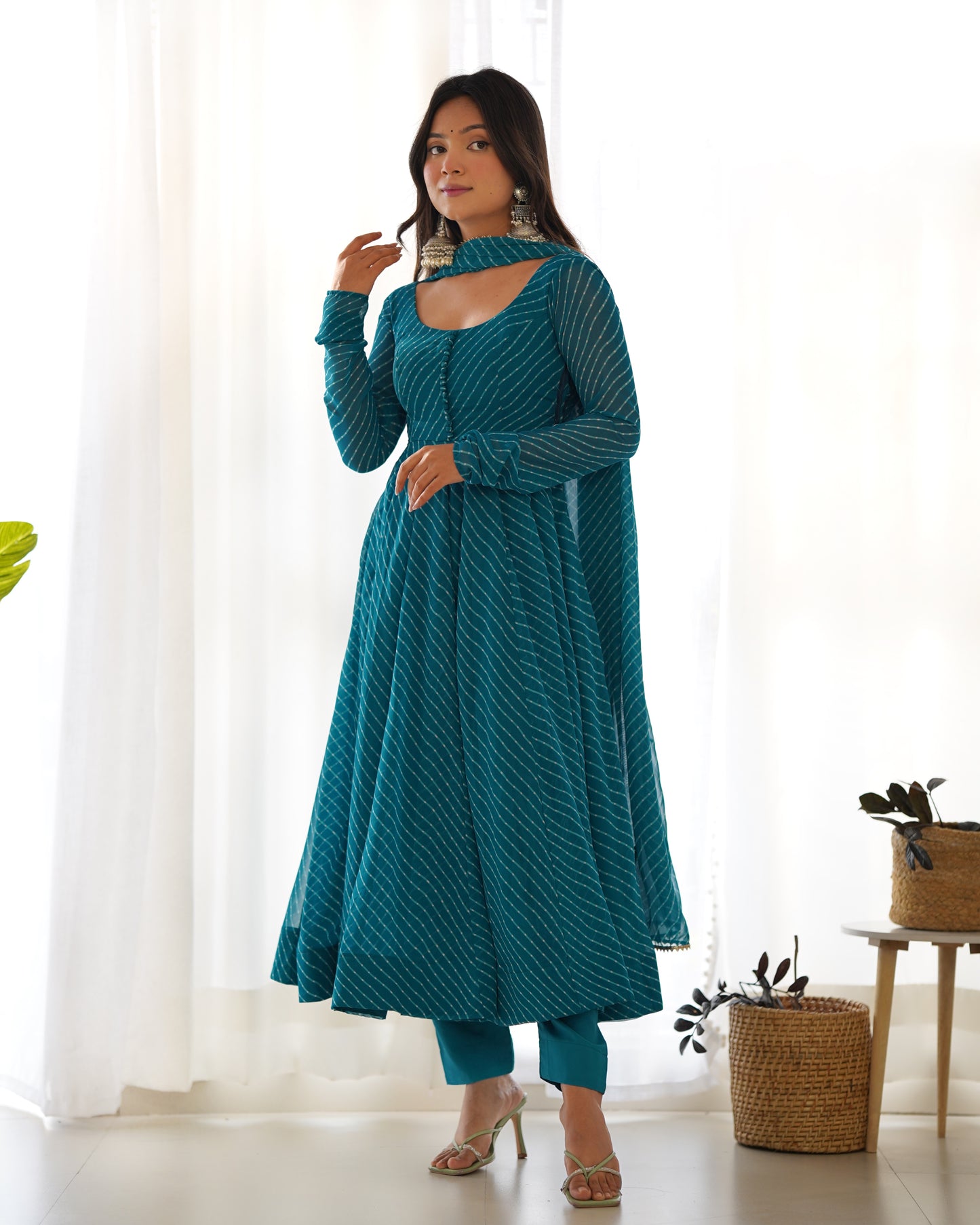 PURE FOX GEORGETTE LAHERIYA PRINT FABRIC FULLY FLAIR ANARKALI, WITH DUPATTA SET, PANT READY TO WEAR