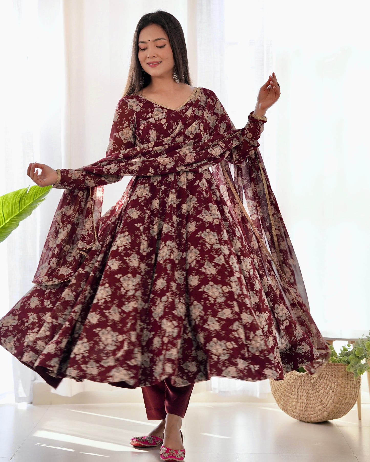 PURE FOX GEORGETTE MULTI FLORAL PRINT FABRIC FULLY FLAIR ANARKALI, WITH DUPPTA SET, PENT READY TO WEAR