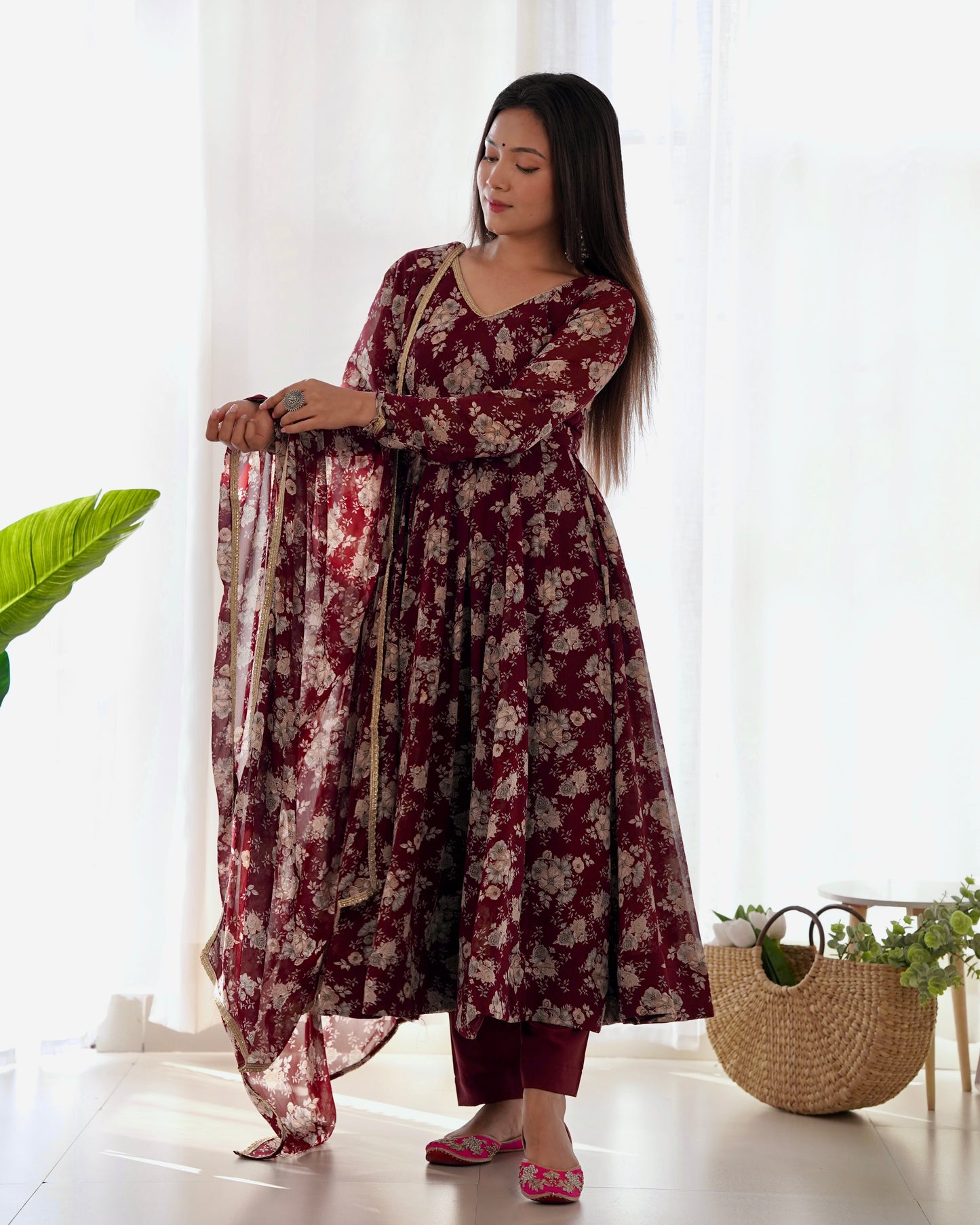 PURE FOX GEORGETTE MULTI FLORAL PRINT FABRIC FULLY FLAIR ANARKALI, WITH DUPPTA SET, PENT READY TO WEAR
