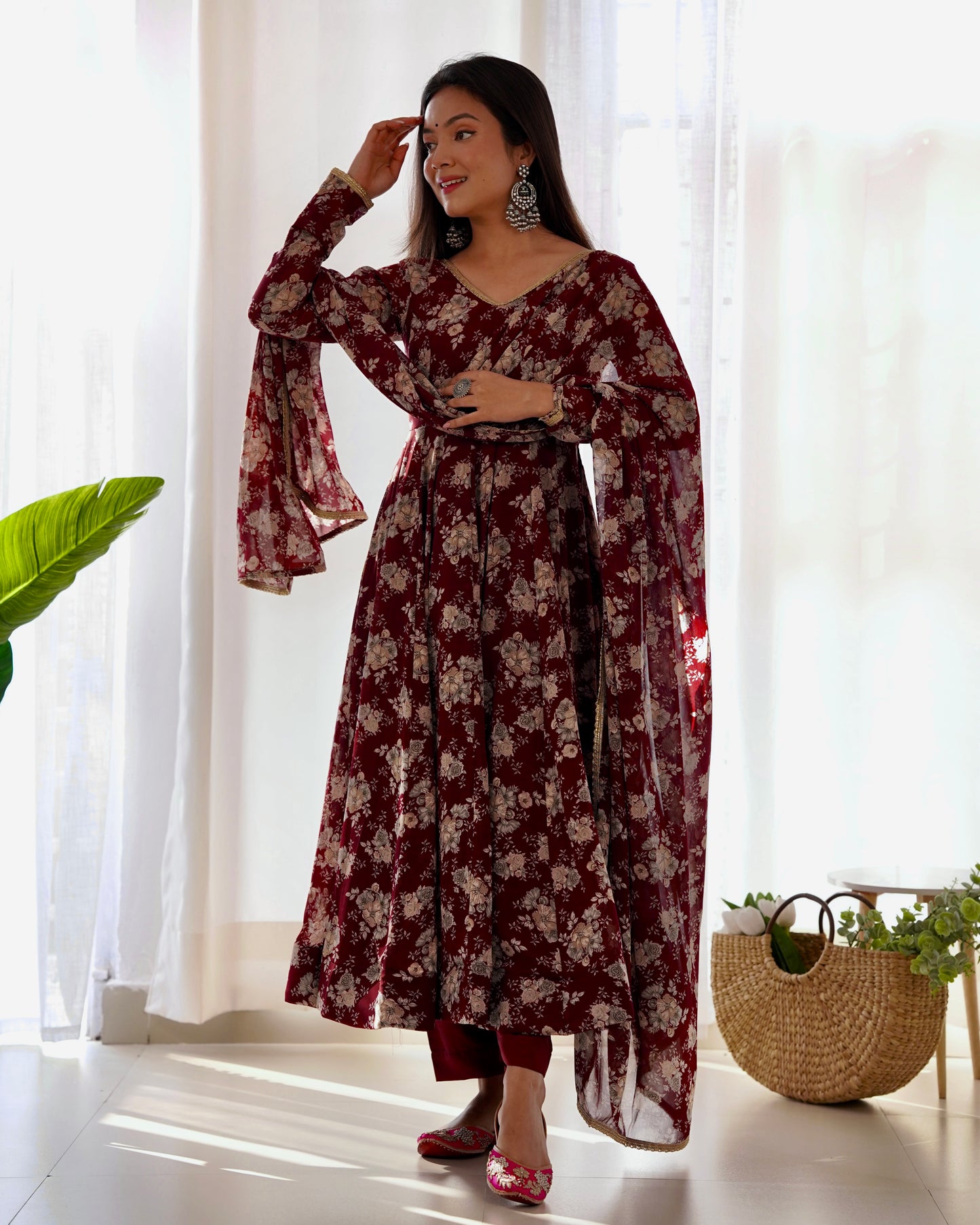 PURE FOX GEORGETTE MULTI FLORAL PRINT FABRIC FULLY FLAIR ANARKALI, WITH DUPPTA SET, PENT READY TO WEAR