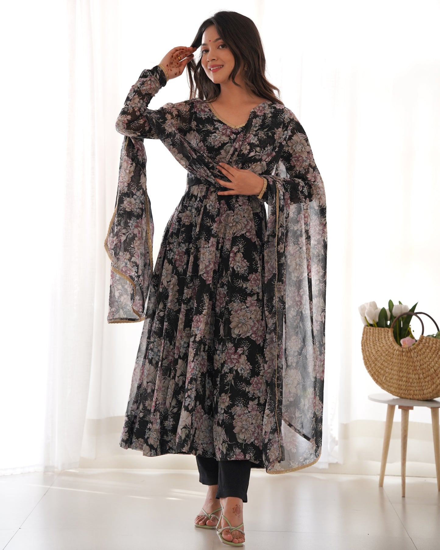 PURE FOX GEORGETTE MULTI FLORAL PRINT FABRIC FULLY FLAIR ANARKALI, WITH DUPPTA SET, PENT READY TO WEAR