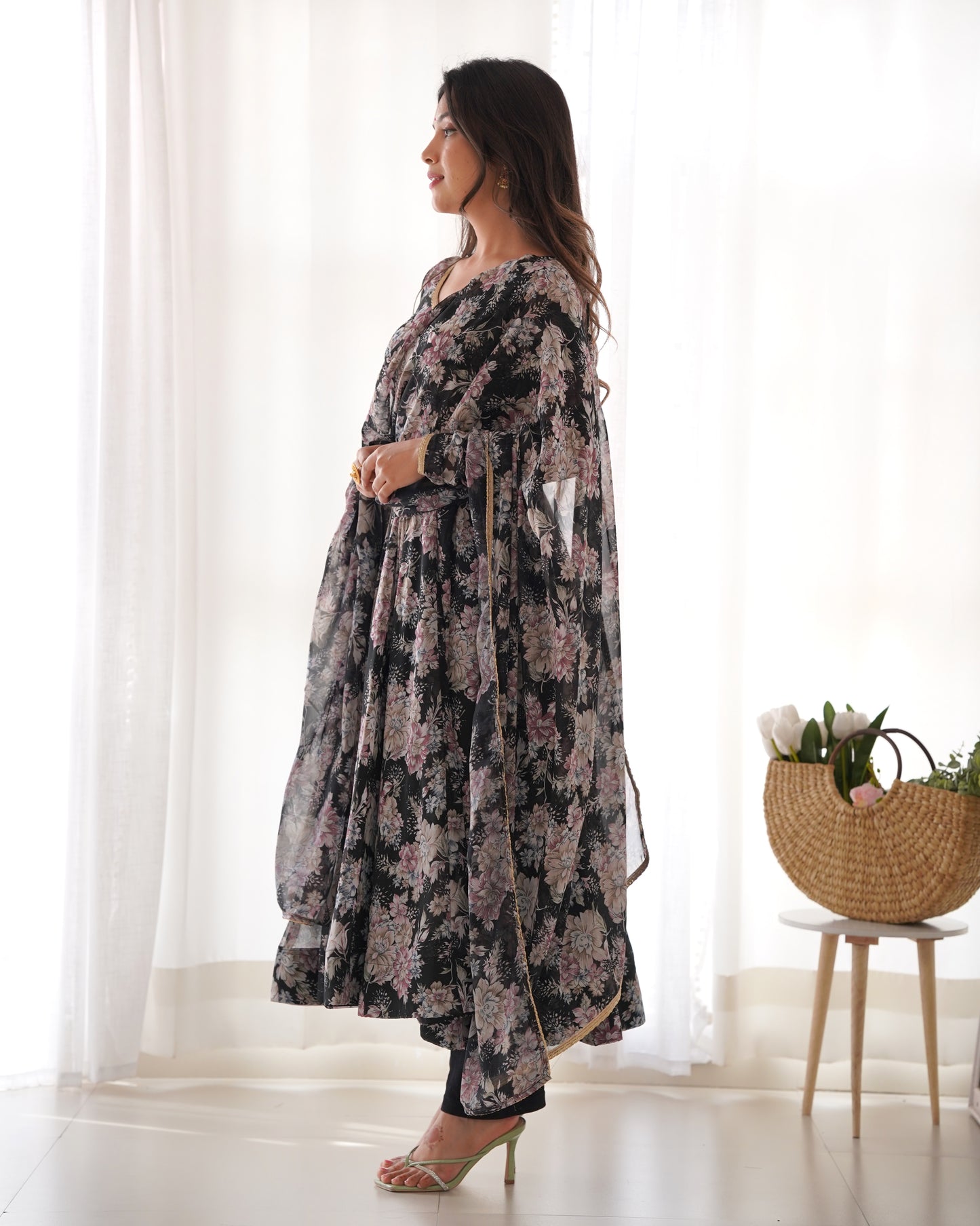 PURE FOX GEORGETTE MULTI FLORAL PRINT FABRIC FULLY FLAIR ANARKALI, WITH DUPPTA SET, PENT READY TO WEAR