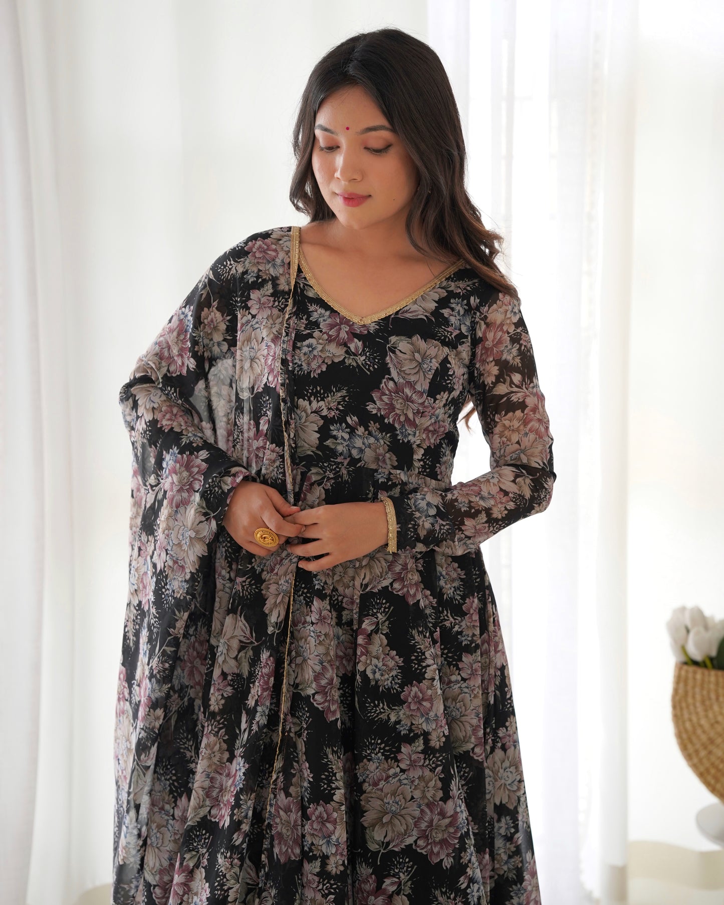 PURE FOX GEORGETTE MULTI FLORAL PRINT FABRIC FULLY FLAIR ANARKALI, WITH DUPPTA SET, PENT READY TO WEAR