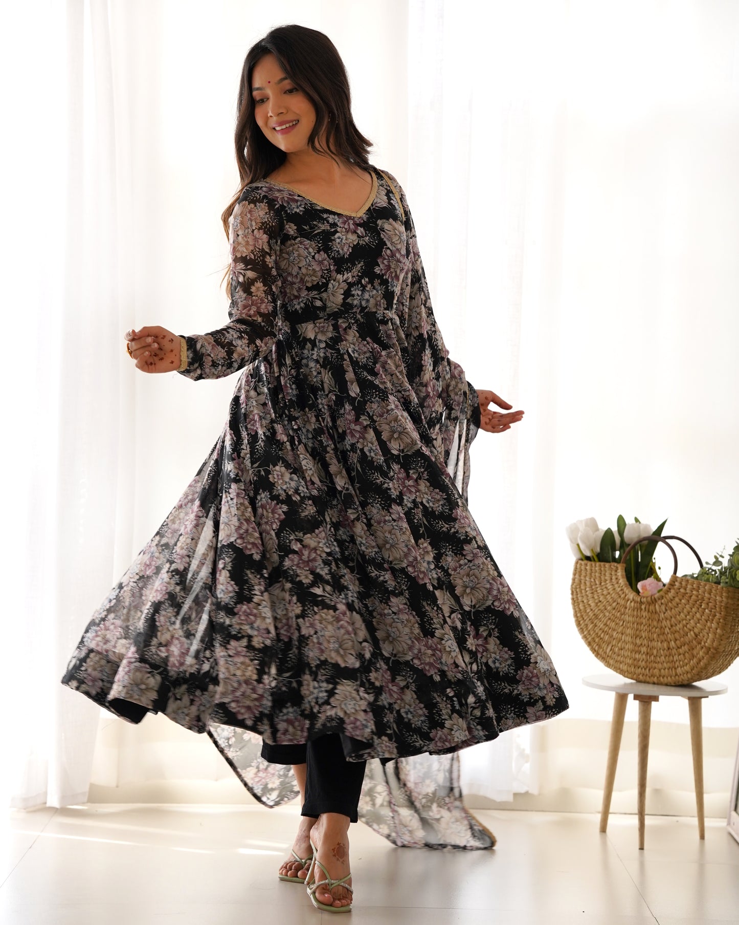 PURE FOX GEORGETTE MULTI FLORAL PRINT FABRIC FULLY FLAIR ANARKALI, WITH DUPPTA SET, PENT READY TO WEAR