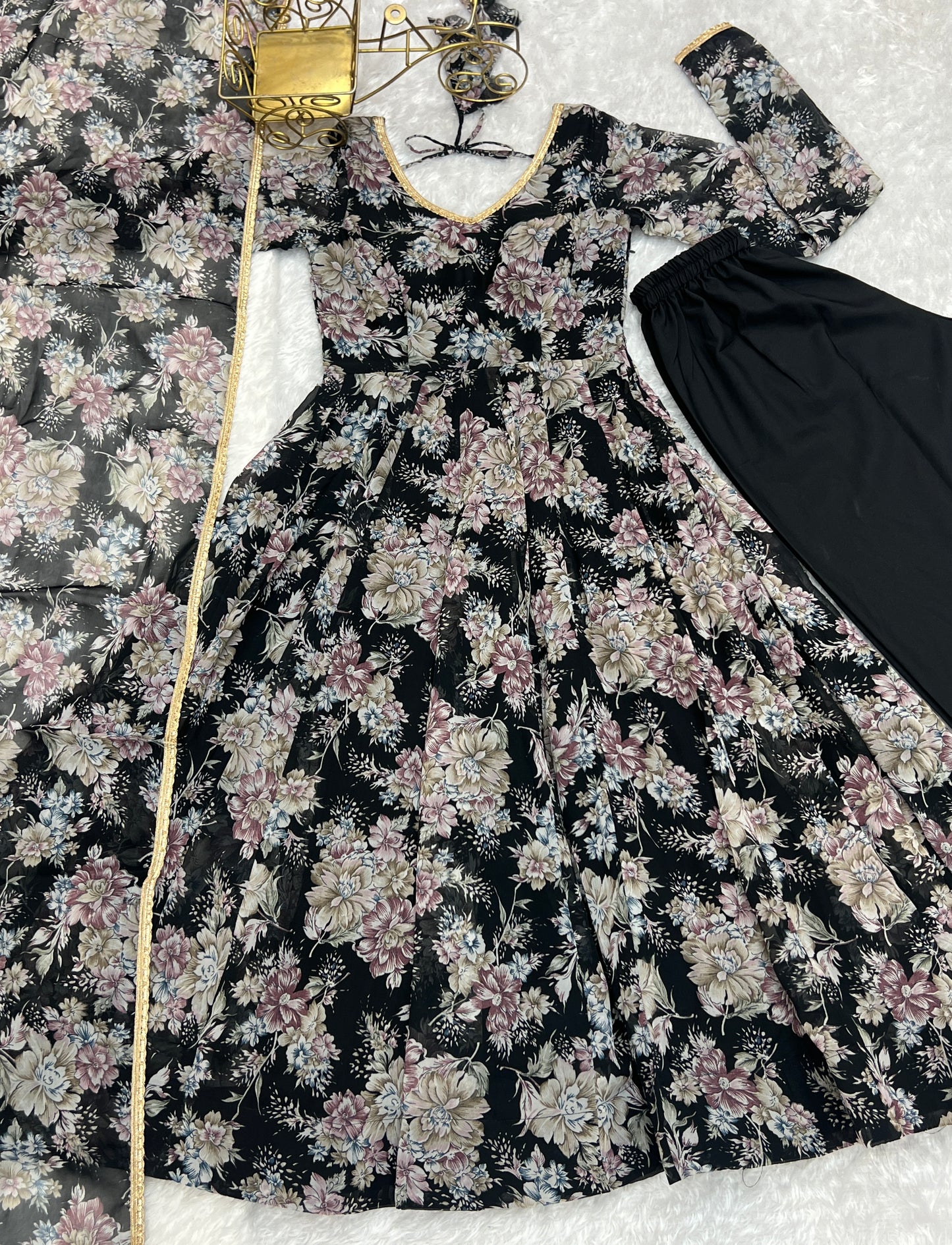 PURE FOX GEORGETTE MULTI FLORAL PRINT FABRIC FULLY FLAIR ANARKALI, WITH DUPPTA SET, PENT READY TO WEAR