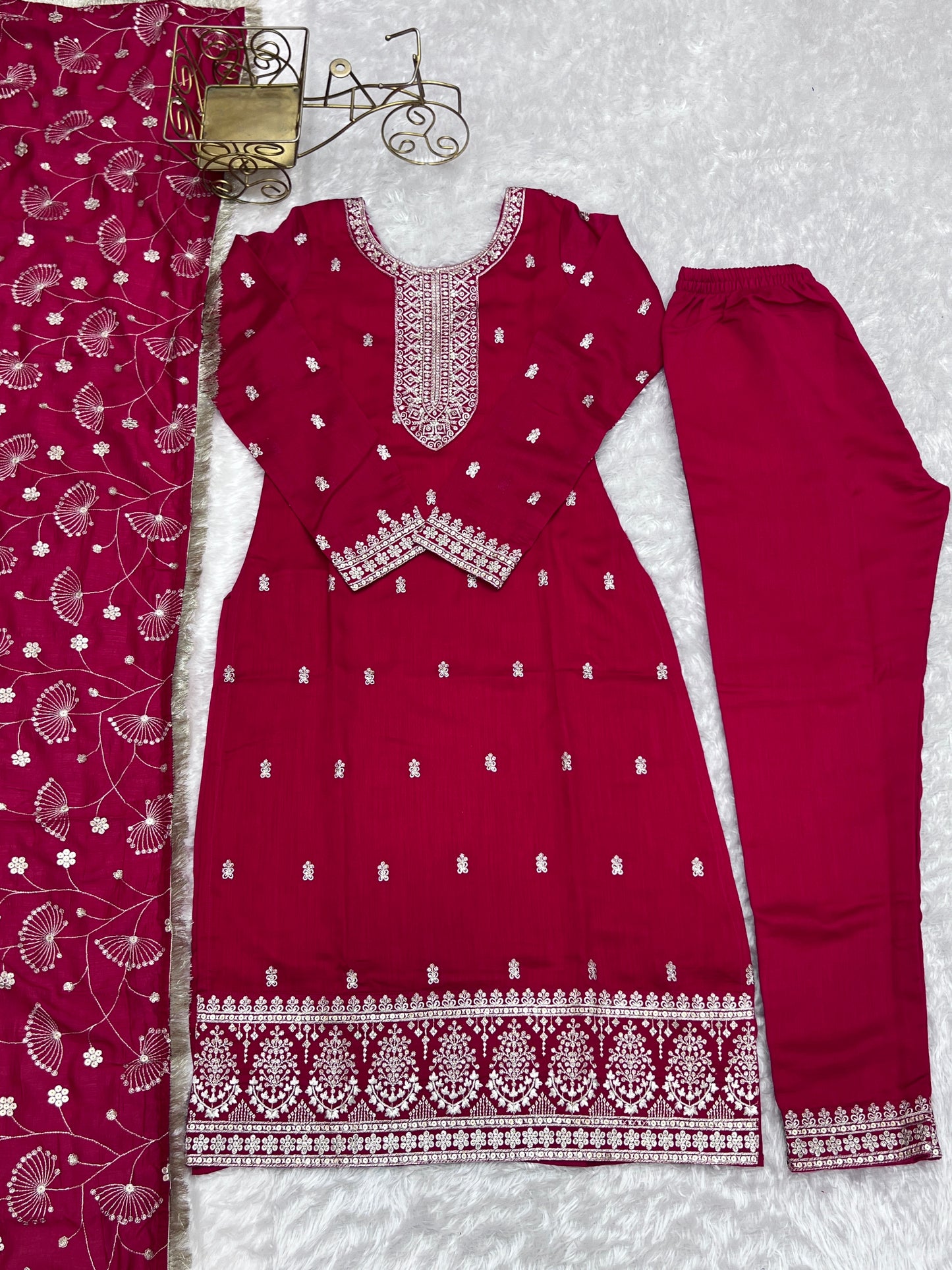 NEW BEAUTIFUL PURE BLLOOMING VICHITRA SILK FABRIC STRAIGHT FIT KURTA WITH DUPPTA SET, TROUSERS, READY TO WEAR
