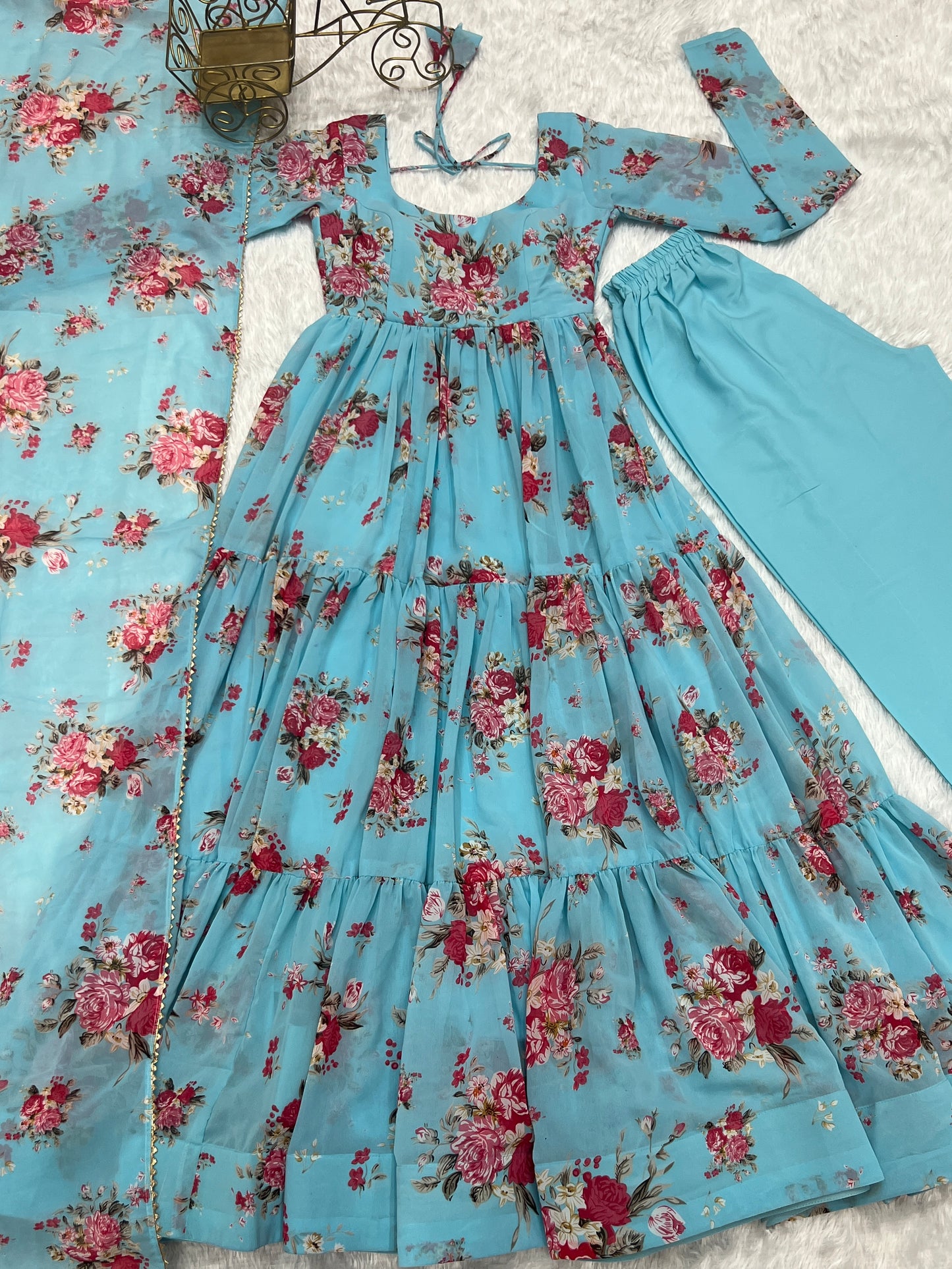 PURE SOFT FOX GEORGETTE FLORAL PRINT FABRIC FULLY FLAIR ANARKALI,WITH DUPPTA SET,PENT READY TO WEAR