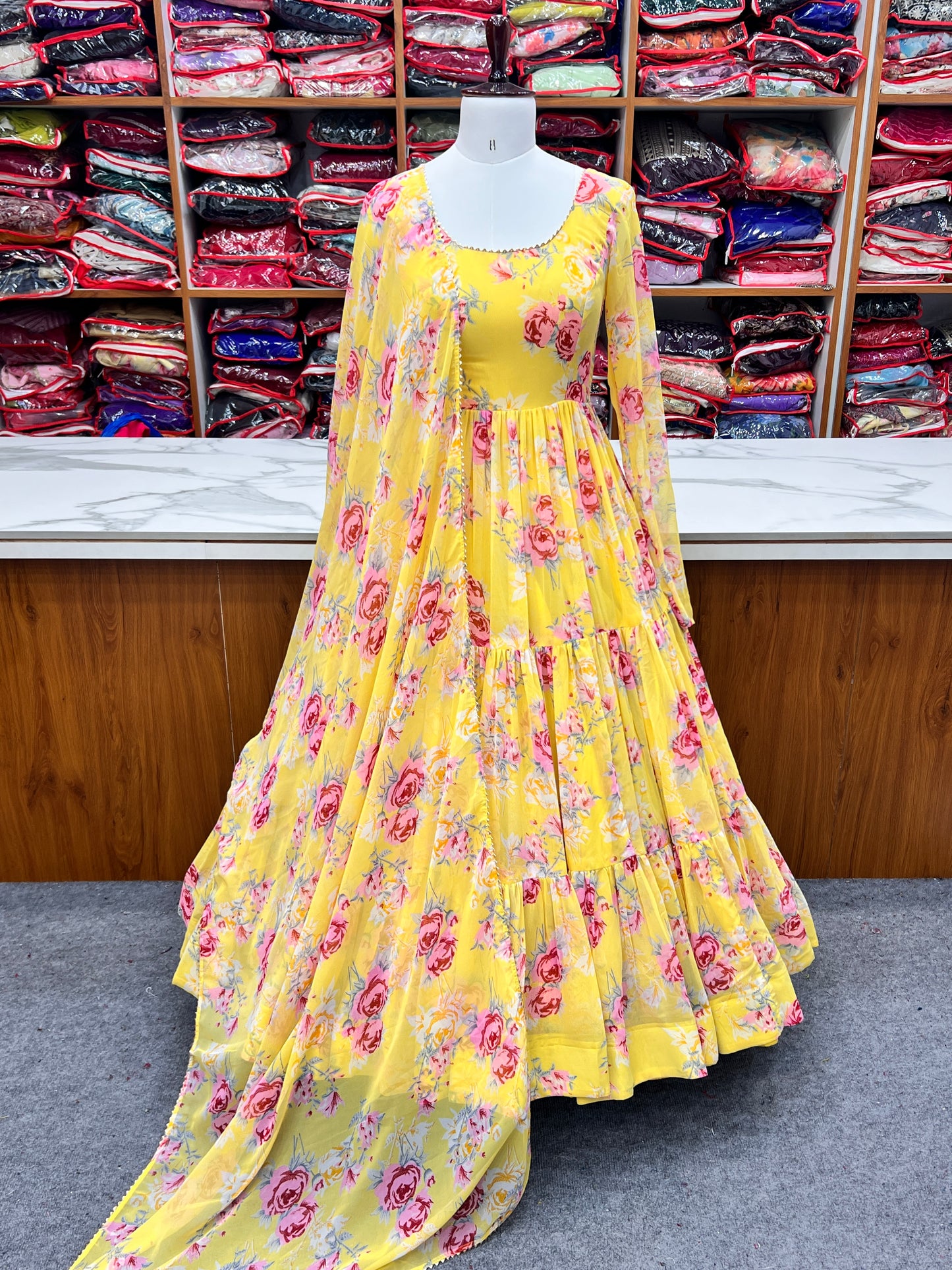 PURE SOFT FOX GEORGETTE FLORAL PRINT FABRIC FULLY FLAIR ANARKALI,WITH DUPPTA SET,PENT READY TO WEAR