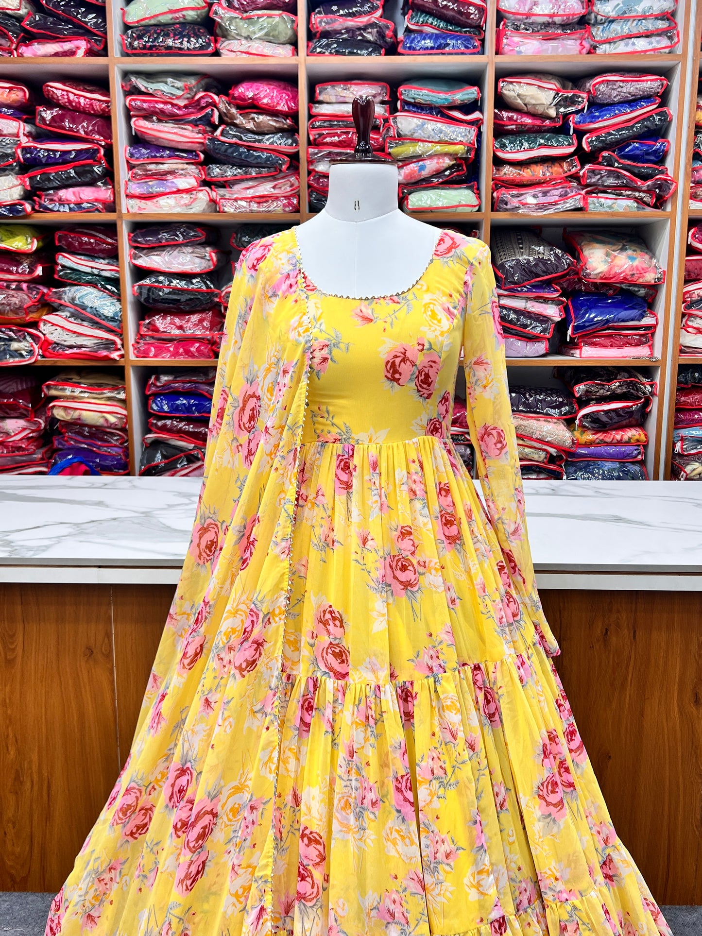 PURE SOFT FOX GEORGETTE FLORAL PRINT FABRIC FULLY FLAIR ANARKALI,WITH DUPPTA SET,PENT READY TO WEAR