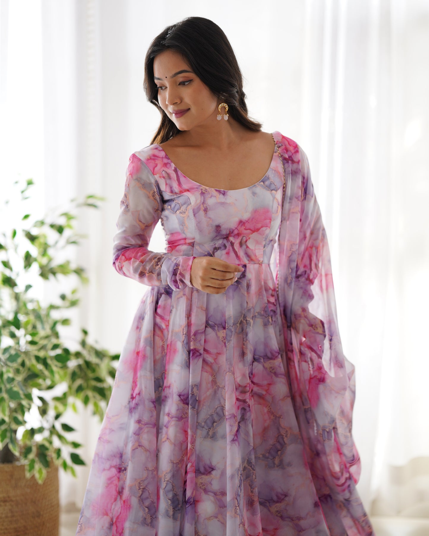 PINK HEAVY SOFT ORGANZA FULLY FAILR KALI PATTERN DESIGNER LONG KURTI SET