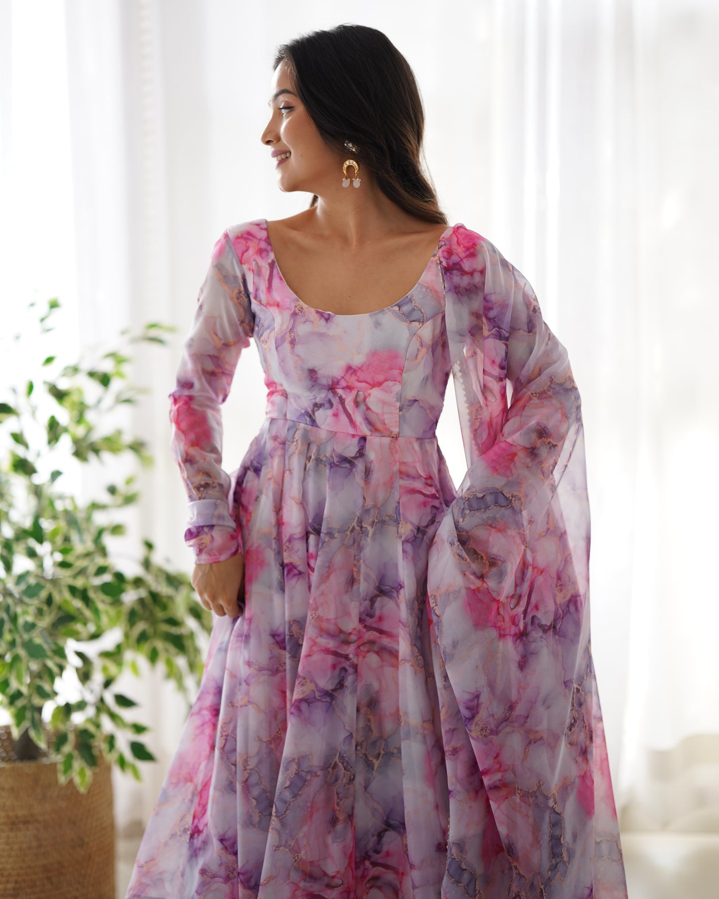 PINK HEAVY SOFT ORGANZA FULLY FAILR KALI PATTERN DESIGNER LONG KURTI SET