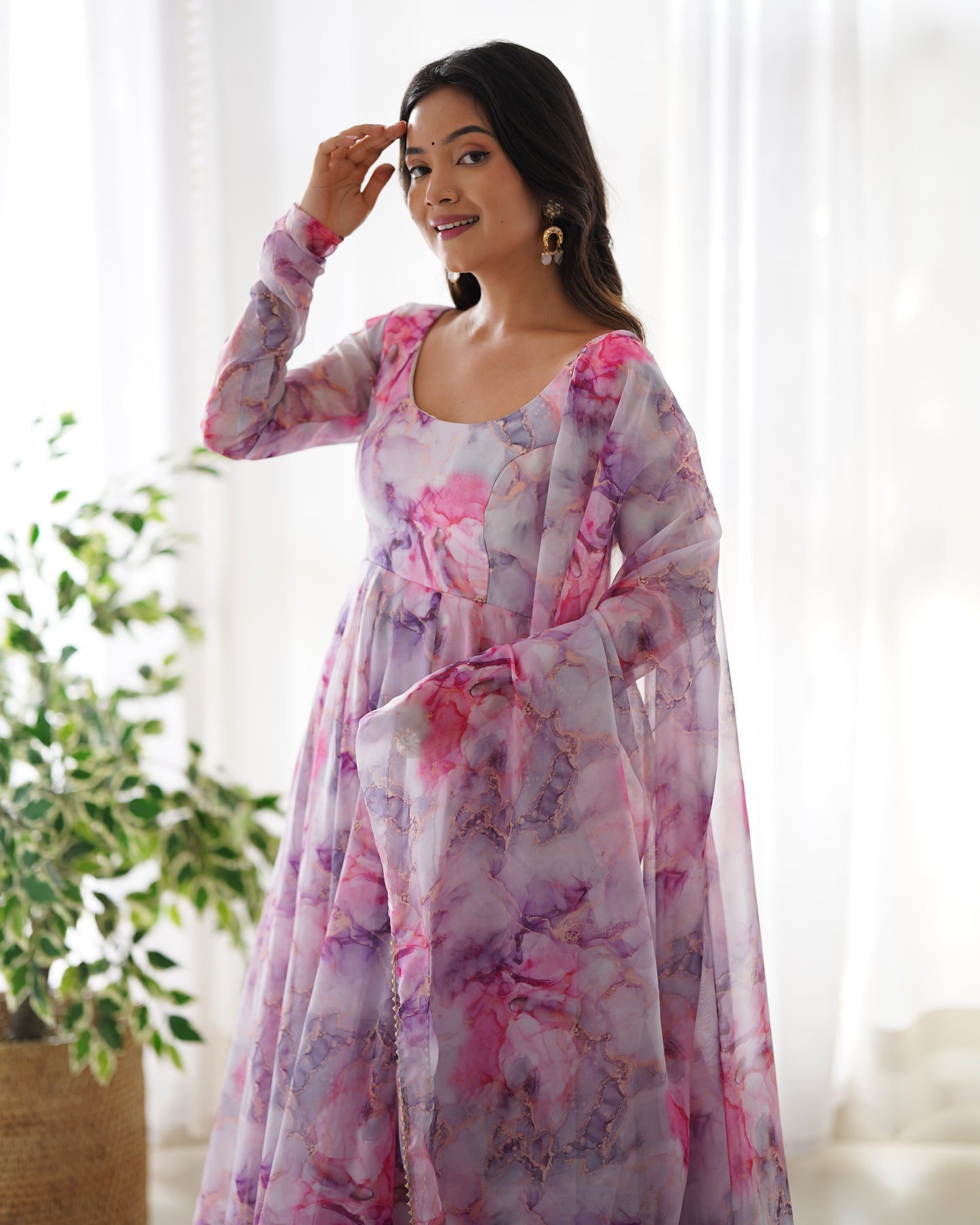 PINK HEAVY SOFT ORGANZA FULLY FAILR KALI PATTERN DESIGNER LONG KURTI SET