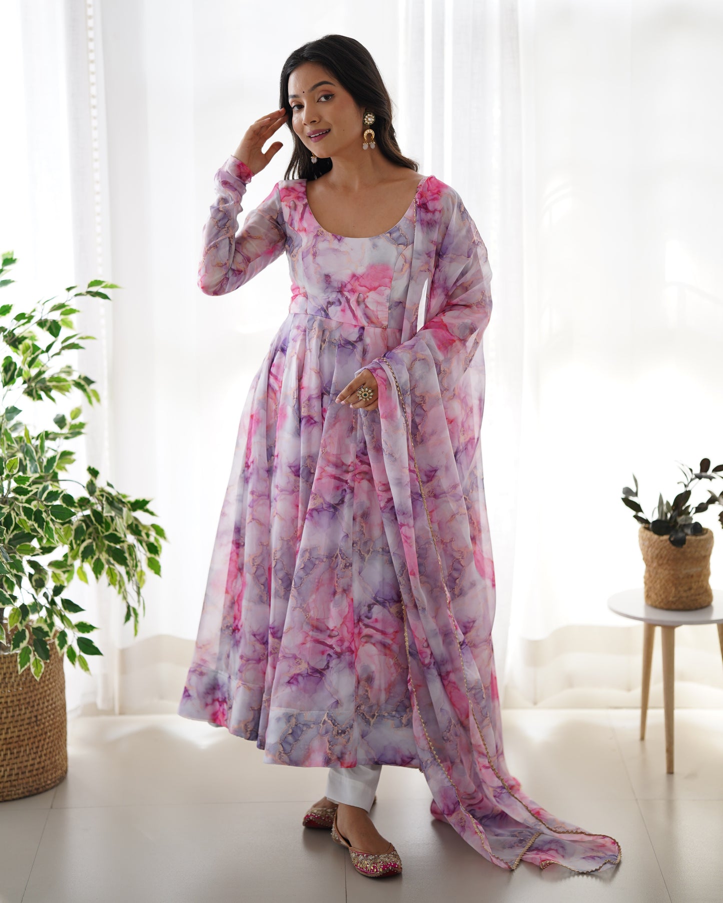 PINK HEAVY SOFT ORGANZA FULLY FAILR KALI PATTERN DESIGNER LONG KURTI SET