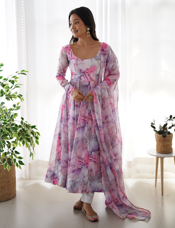 PINK HEAVY SOFT ORGANZA FULLY FAILR KALI PATTERN DESIGNER LONG KURTI SET