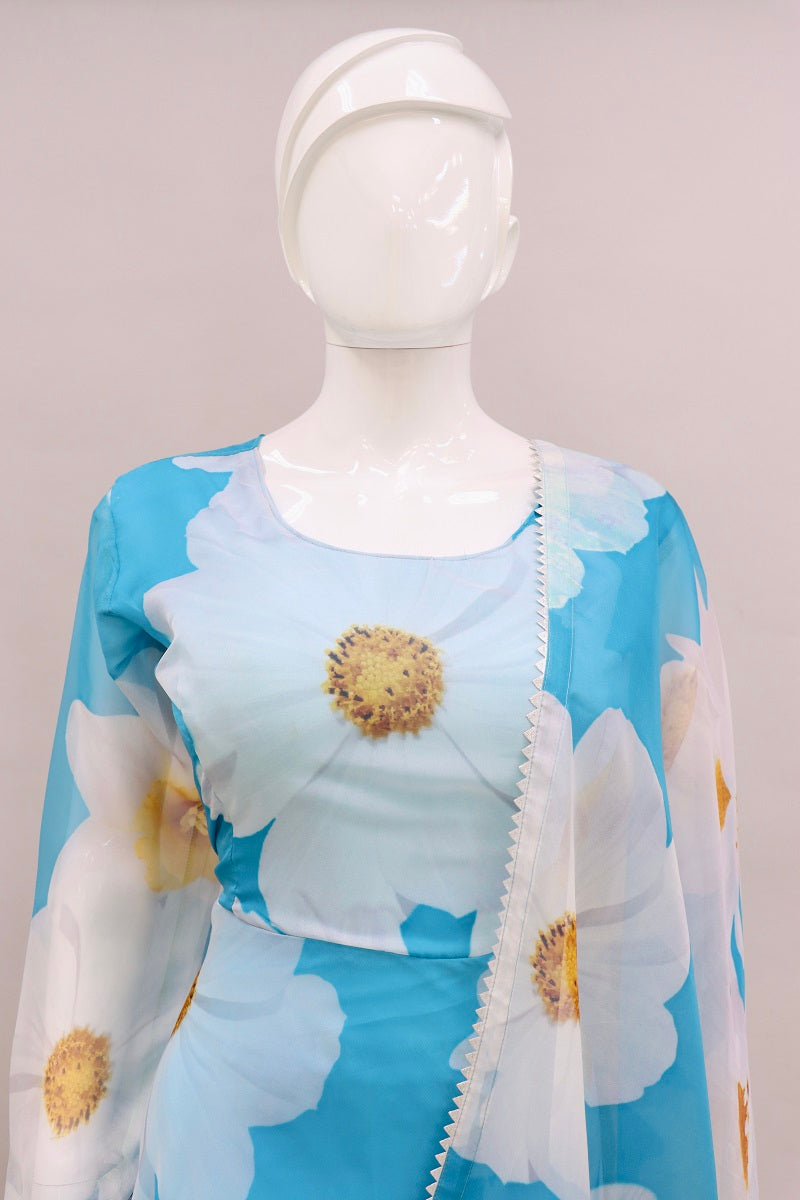 Aqua Blue Women's Digital Floral Printed Ethnic Wear Pure Organza Anarkali Set