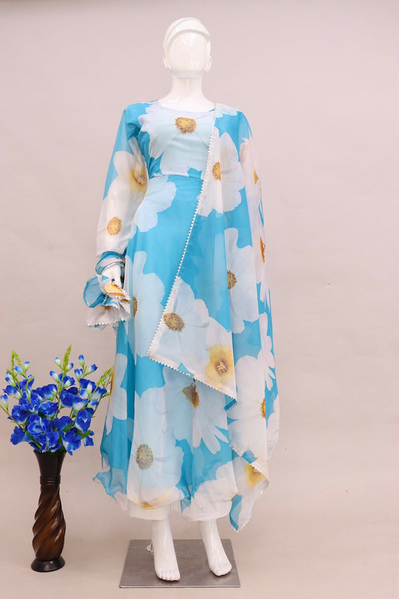 Aqua Blue Women's Digital Floral Printed Ethnic Wear Pure Organza Anarkali Set