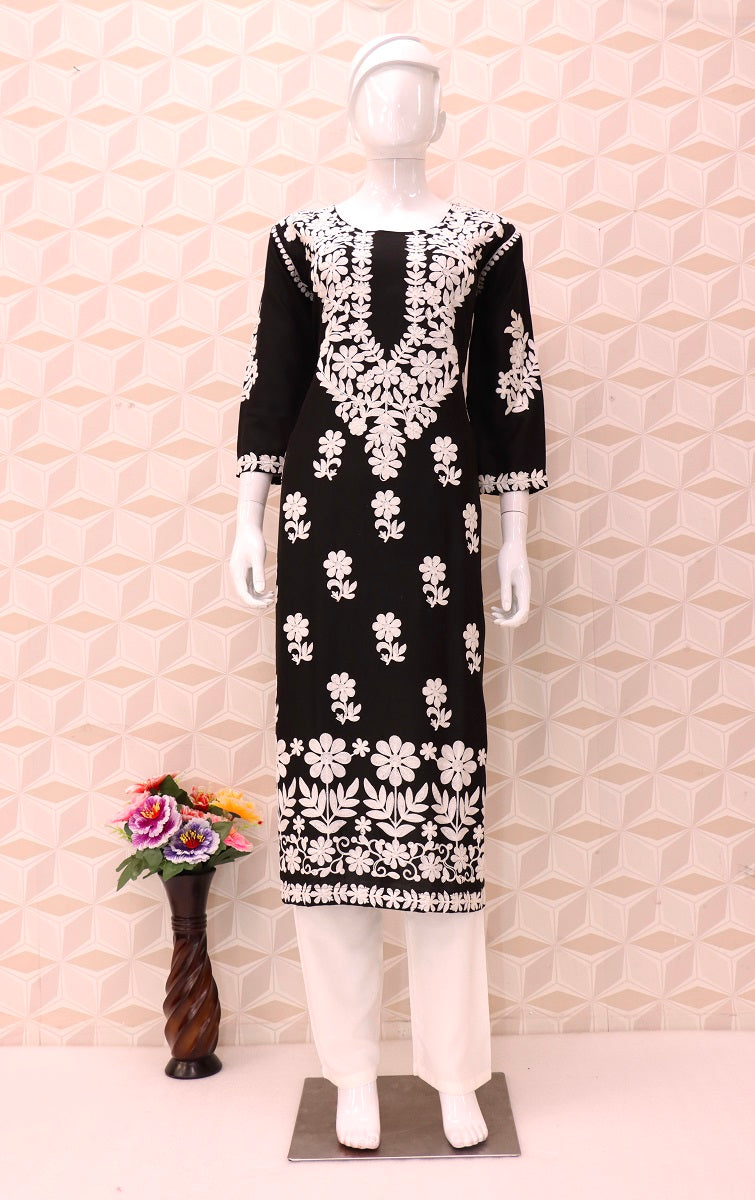 Black Women's Regular Fit Chain Stitch Work Cotton Kurti Top and Pant Set