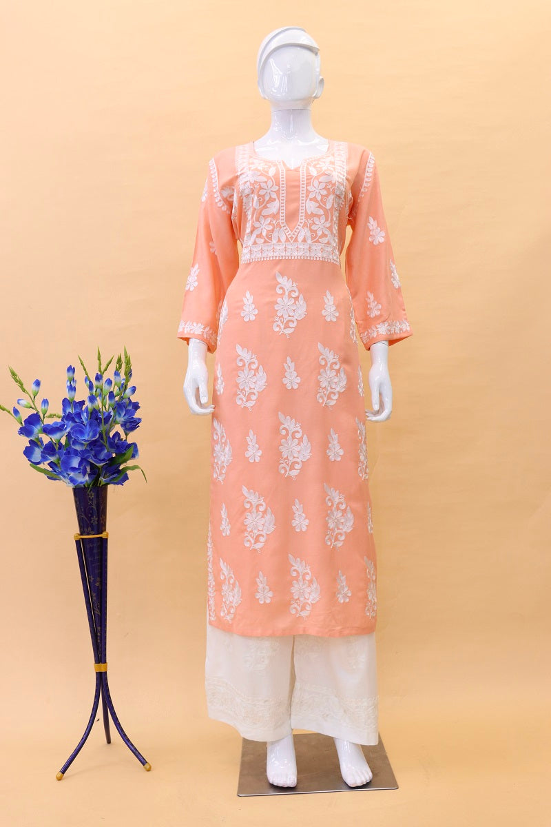 Peach&Purple  Rayon Cotton Chikankari Kurta With Palazzo Set