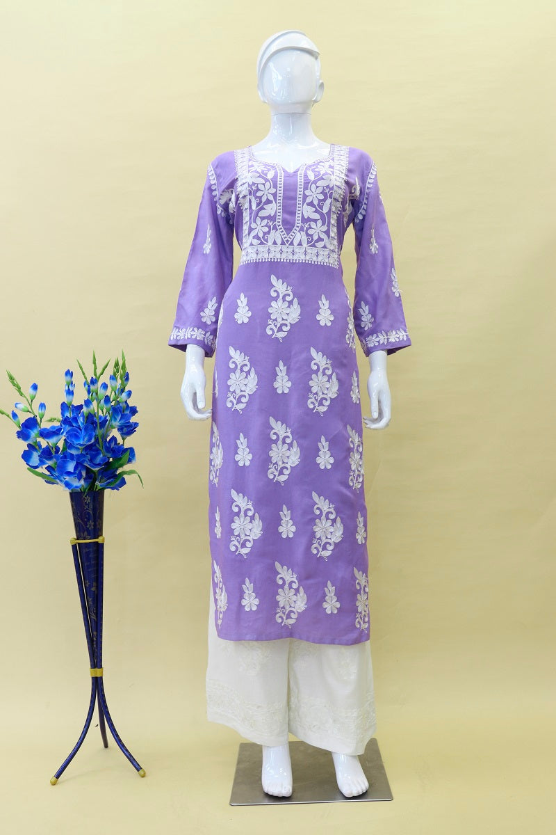 Peach&Purple  Rayon Cotton Chikankari Kurta With Palazzo Set