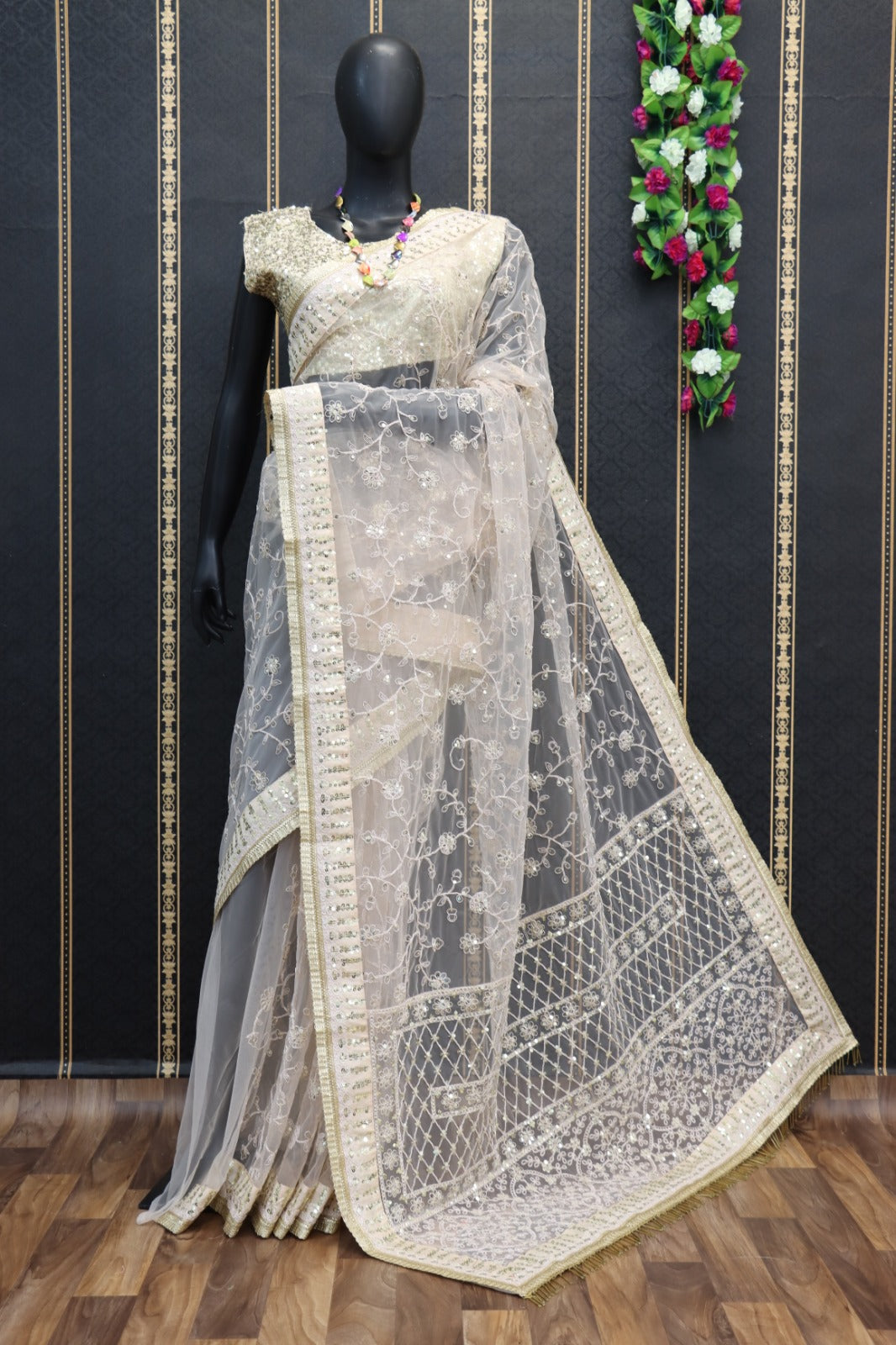 Fancy Bollywood Type Sequence Embellished Net Fabric Off White Colour Saree With Blouse KT-259 By Dealbazaars