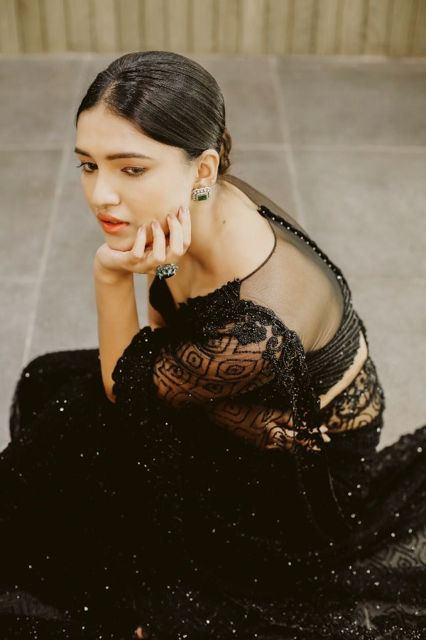 Amusing Black Georgette Fancy Sequins Work Party Wear Saree With Blouse KT-299 By Dealbazaars